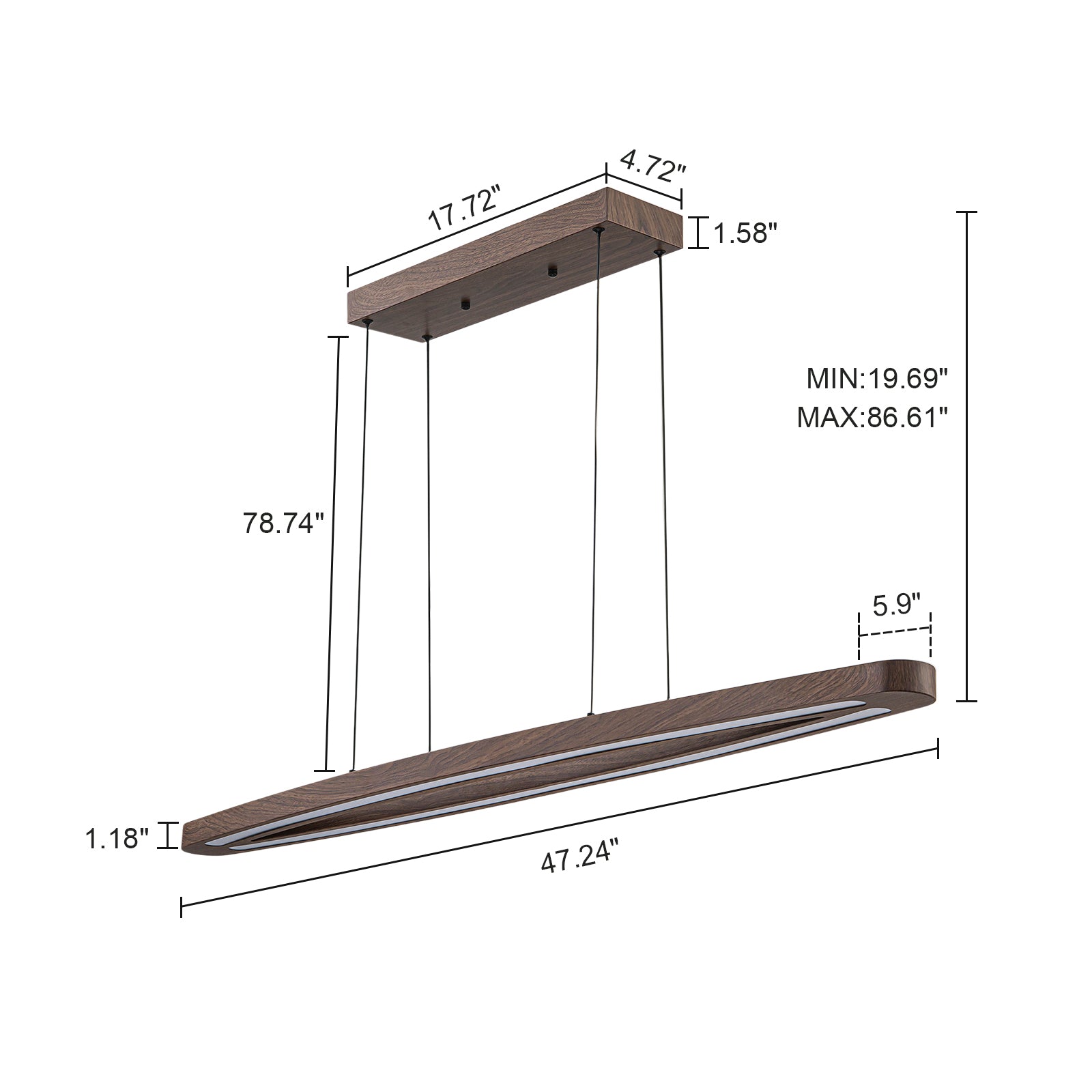 Glowlings 2-Light Minimalist Natural Wood Walnut Finish Linear LED Pendant Light Dining Room Chandelier