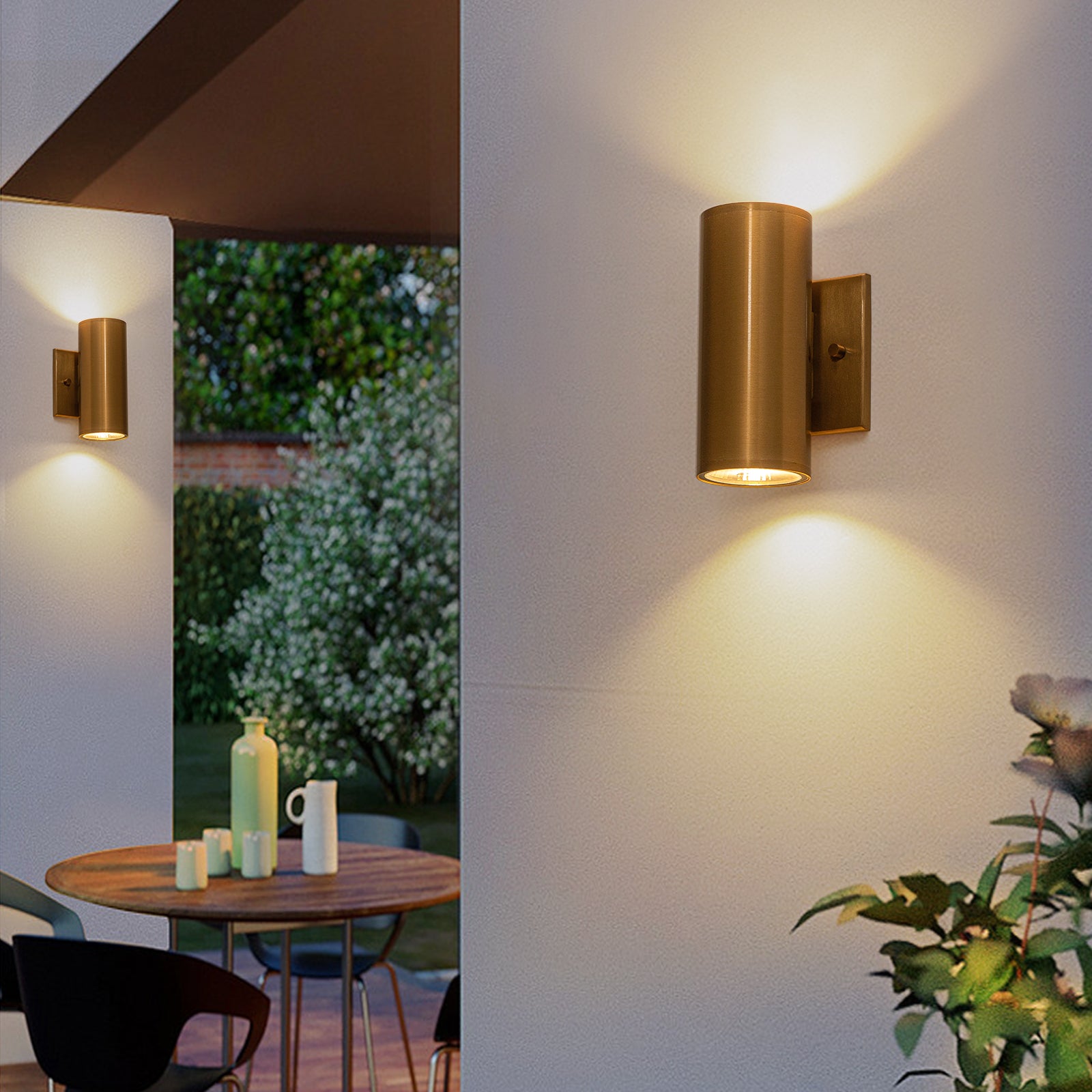 Glowlings 2-flammige, moderne, 2-teilige, goldene LED-Wandleuchte mit Zylinderarm für den Außenbereich (2er-Set)