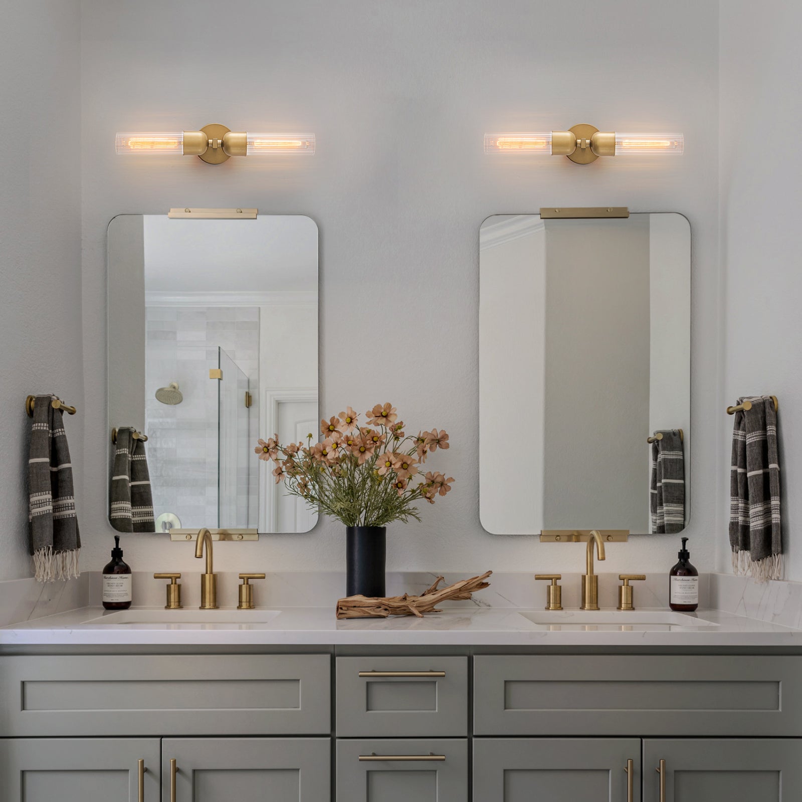 Glowlings 2-Light Mid-Century Modern Antique Brass Ribbed Glass Wall Sconce Bathroom Vanity Light