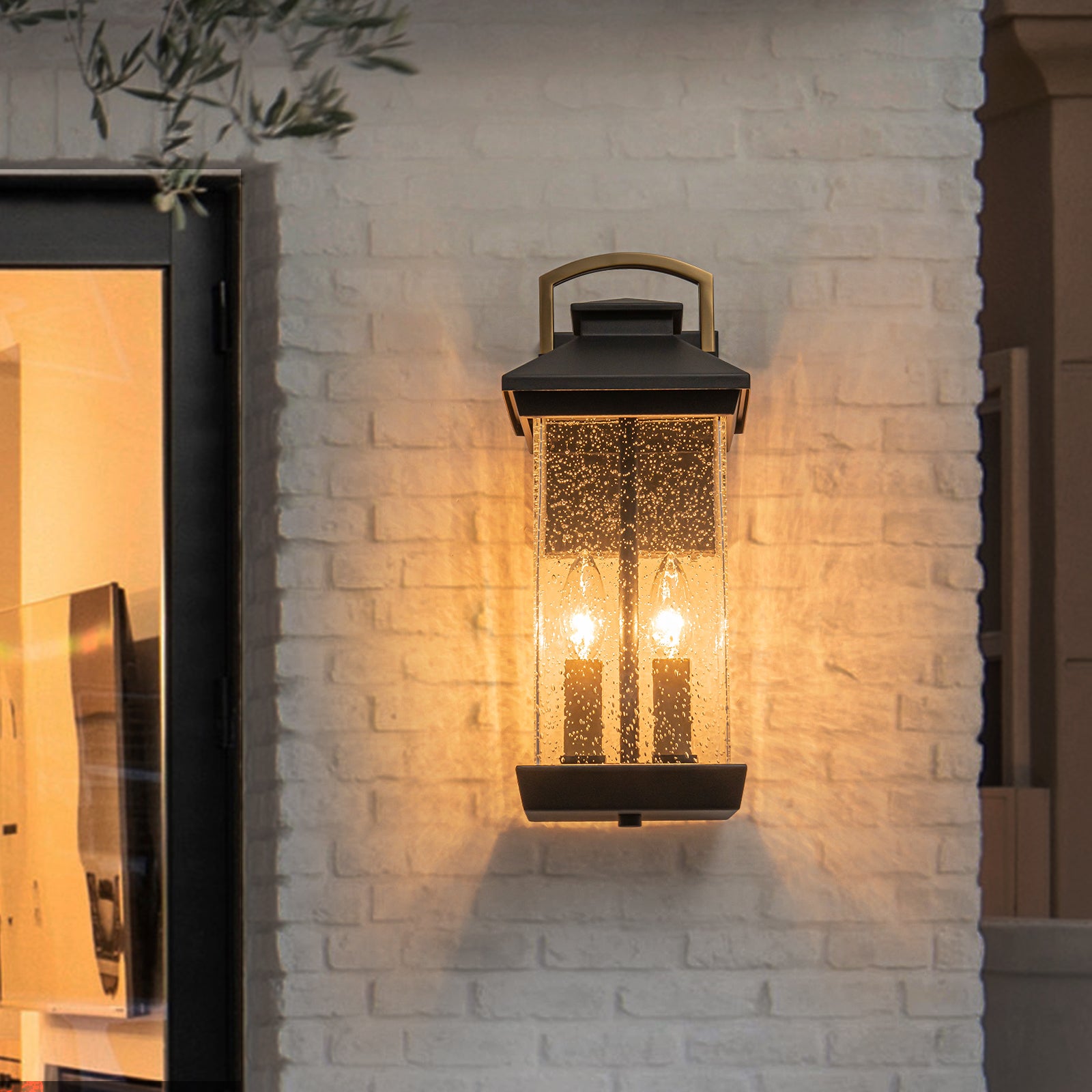 Glowlings 2-Light Modern 16"High Lantern Seeded Glass Candle Style Outdoor Wall Sconce