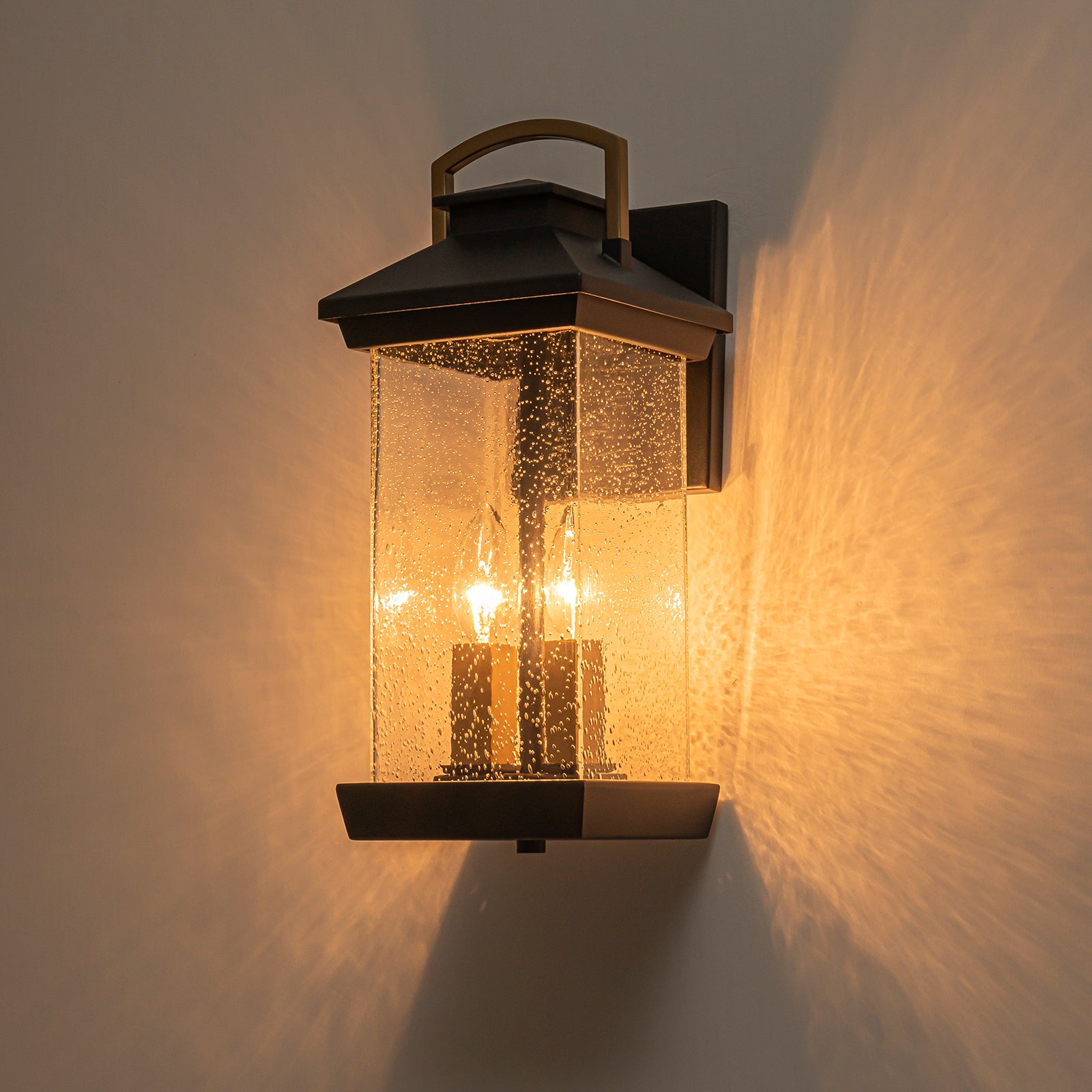 Glowlings 2-Light Modern 16"High Lantern Seeded Glass Candle Style Outdoor Wall Sconce