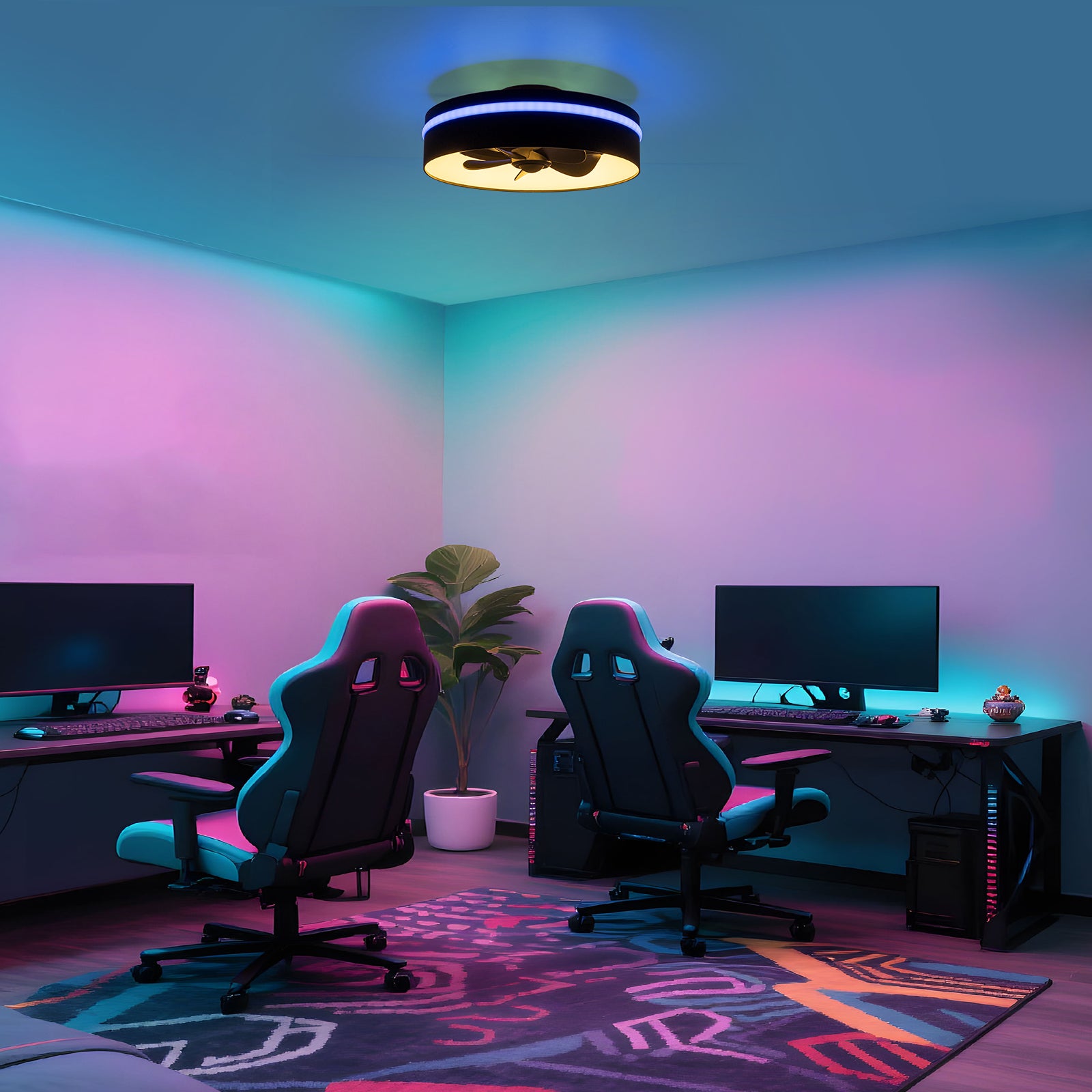 Glowlings Modern RGB Smart Ceiling Fan with Light - 2-Light 3CCT Dimmable Black Round Fandelier, Low Profile Multi-Color Flush Mount Fan
