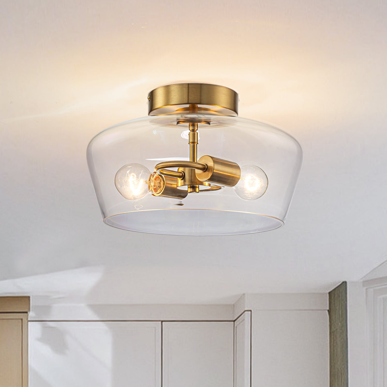 Glowlings 2-Light Modern 13"Wide Brass Clear Glass Dome Flush Mount Ceiling Light