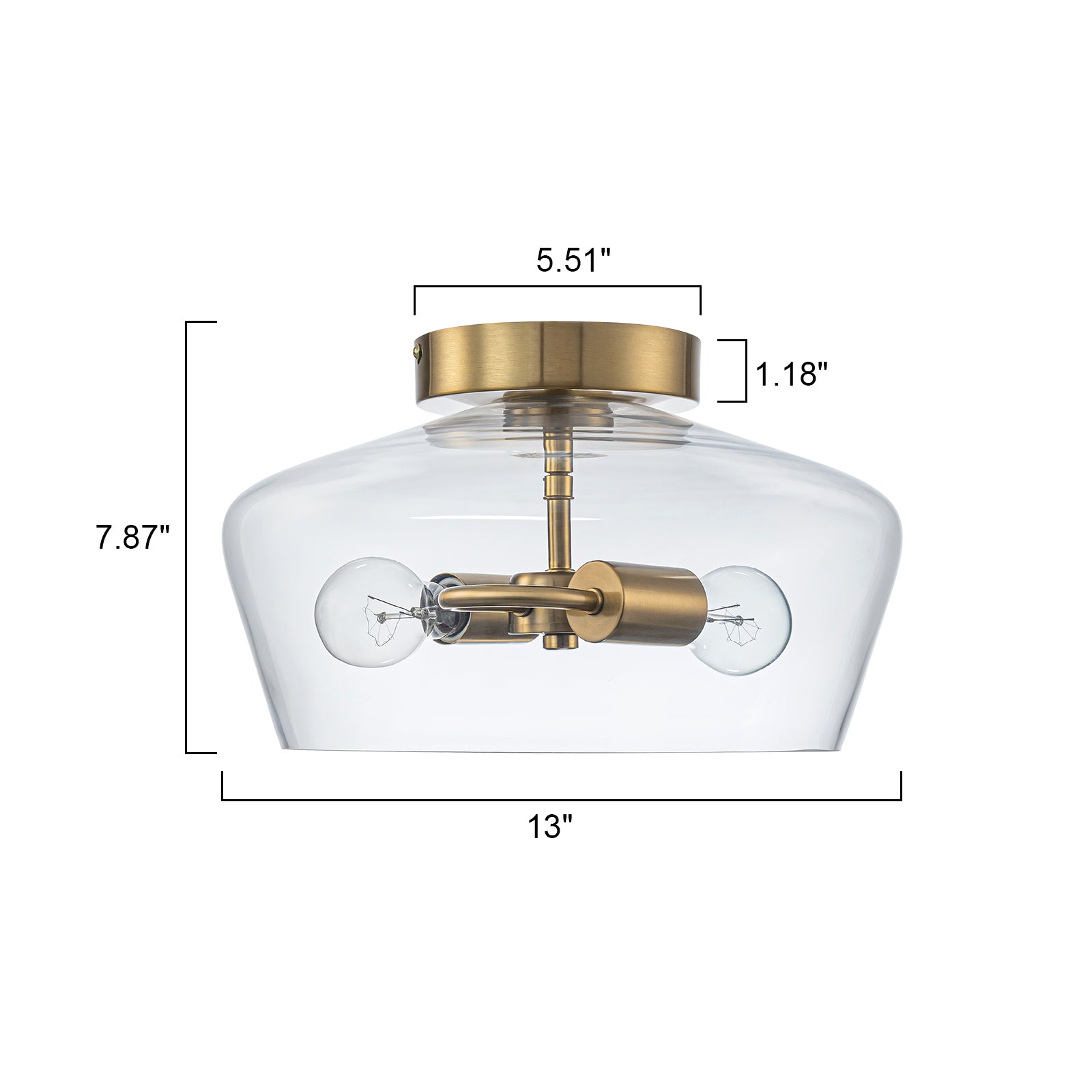 Glowlings 2-Light Modern 13"Wide Brass Clear Glass Dome Flush Mount Ceiling Light