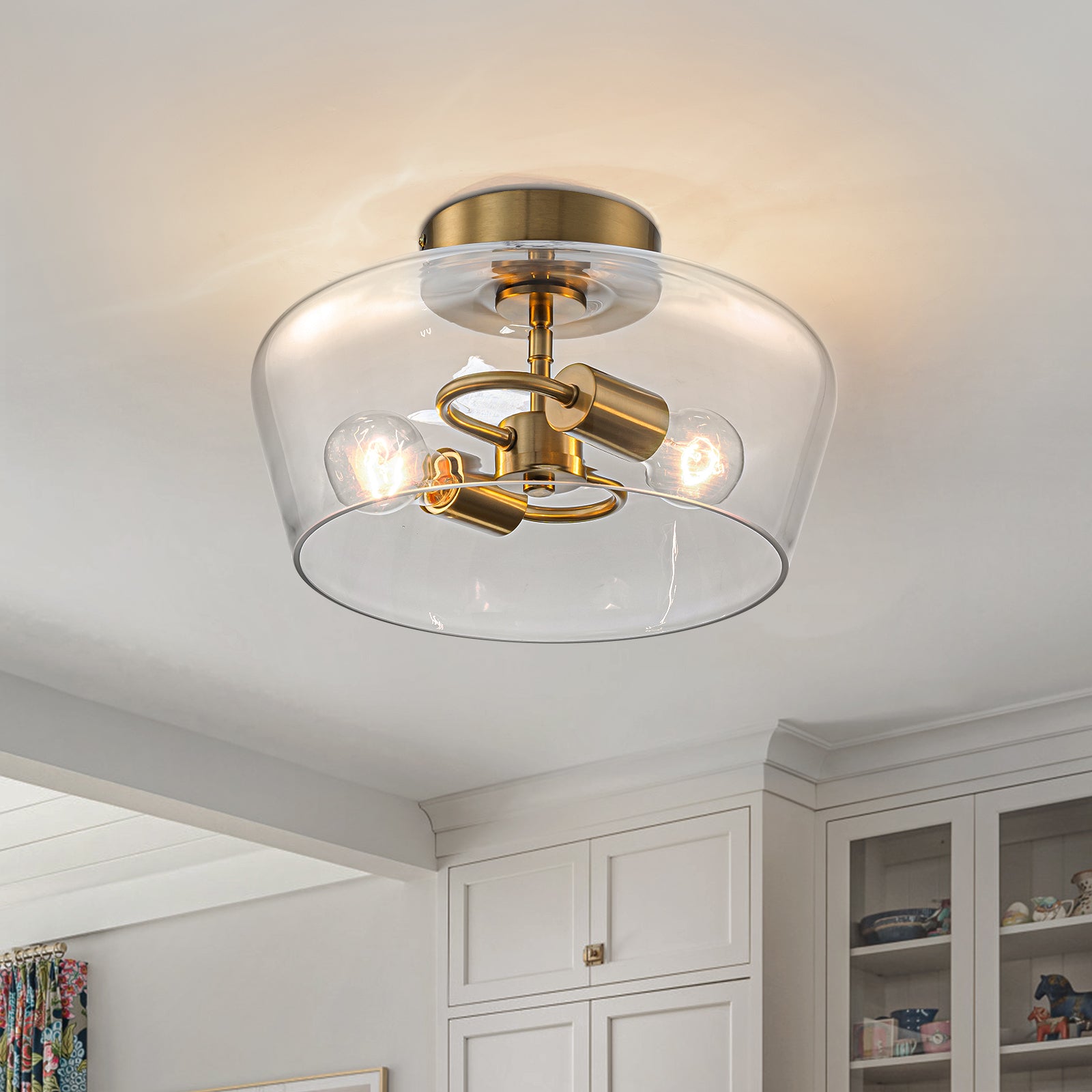Glowlings 2-Light Modern 13"Wide Brass Clear Glass Dome Flush Mount Ceiling Light