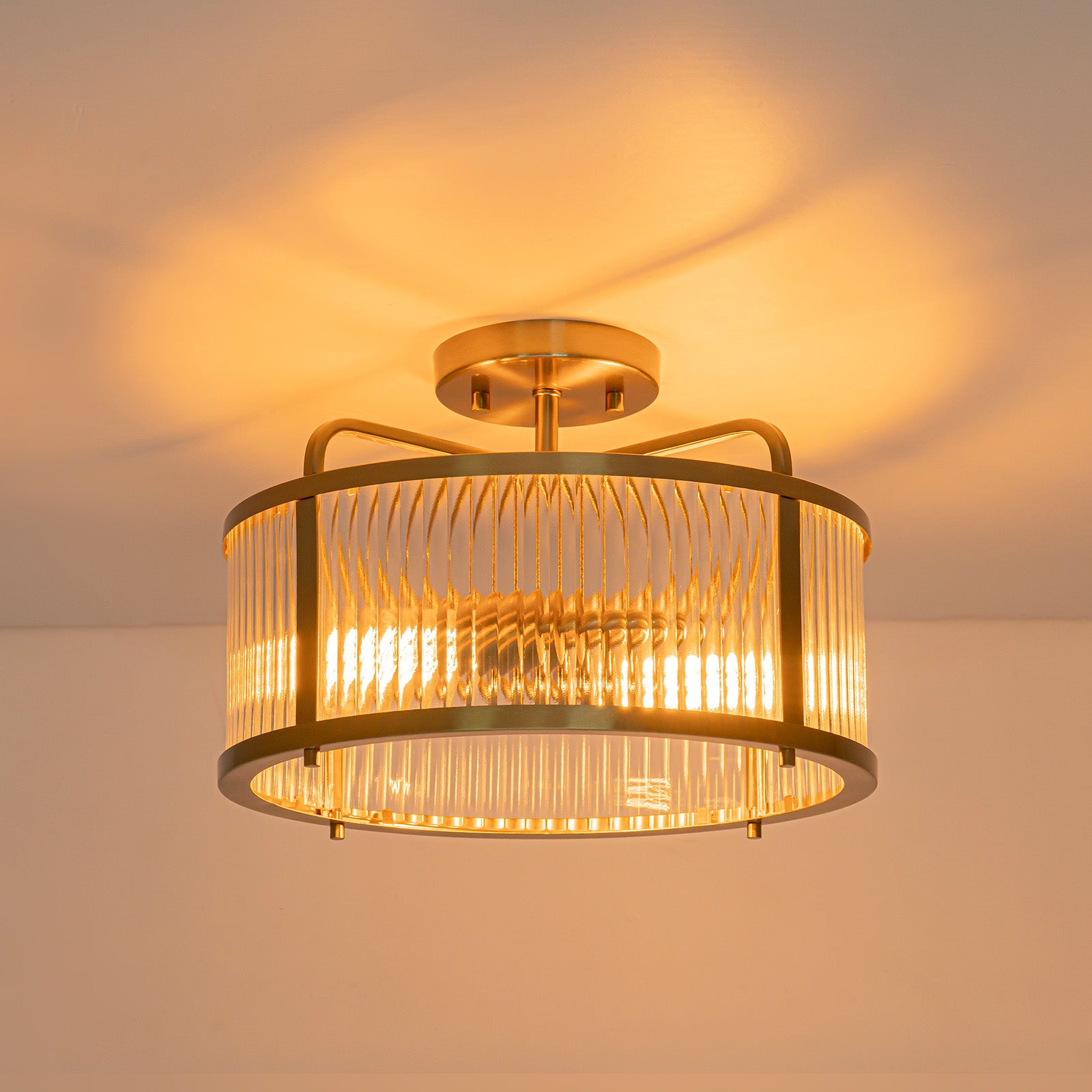 Glowlings 2-Light Modern 13"Wide Brass Round Clear Ribbed Glass Semi-Flush Mount