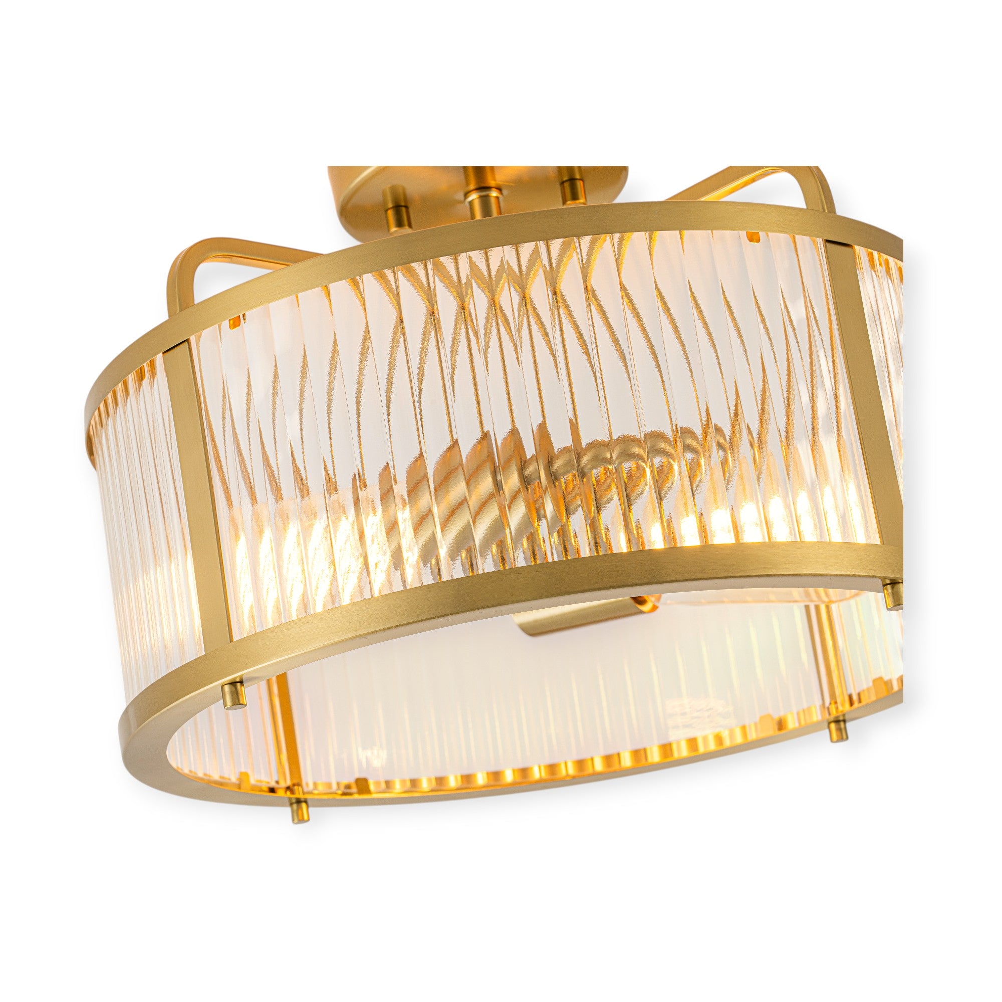 Glowlings 2-Light Modern 13"Wide Brass Round Clear Ribbed Glass Semi-Flush Mount