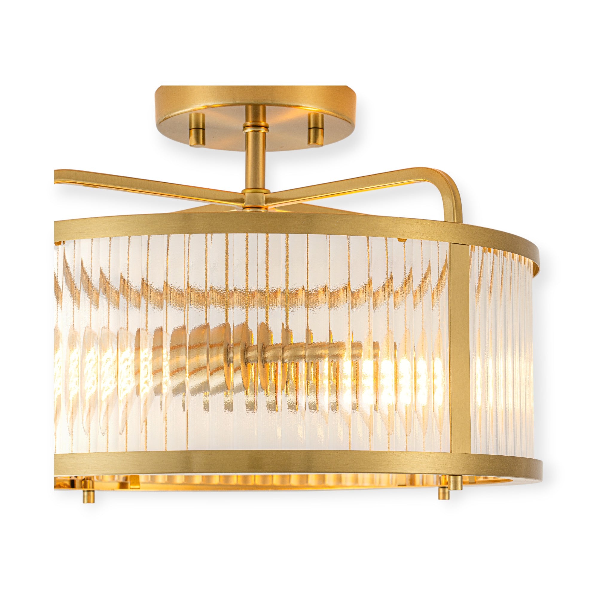 Glowlings 2-Light Modern 13"Wide Brass Round Clear Ribbed Glass Semi-Flush Mount