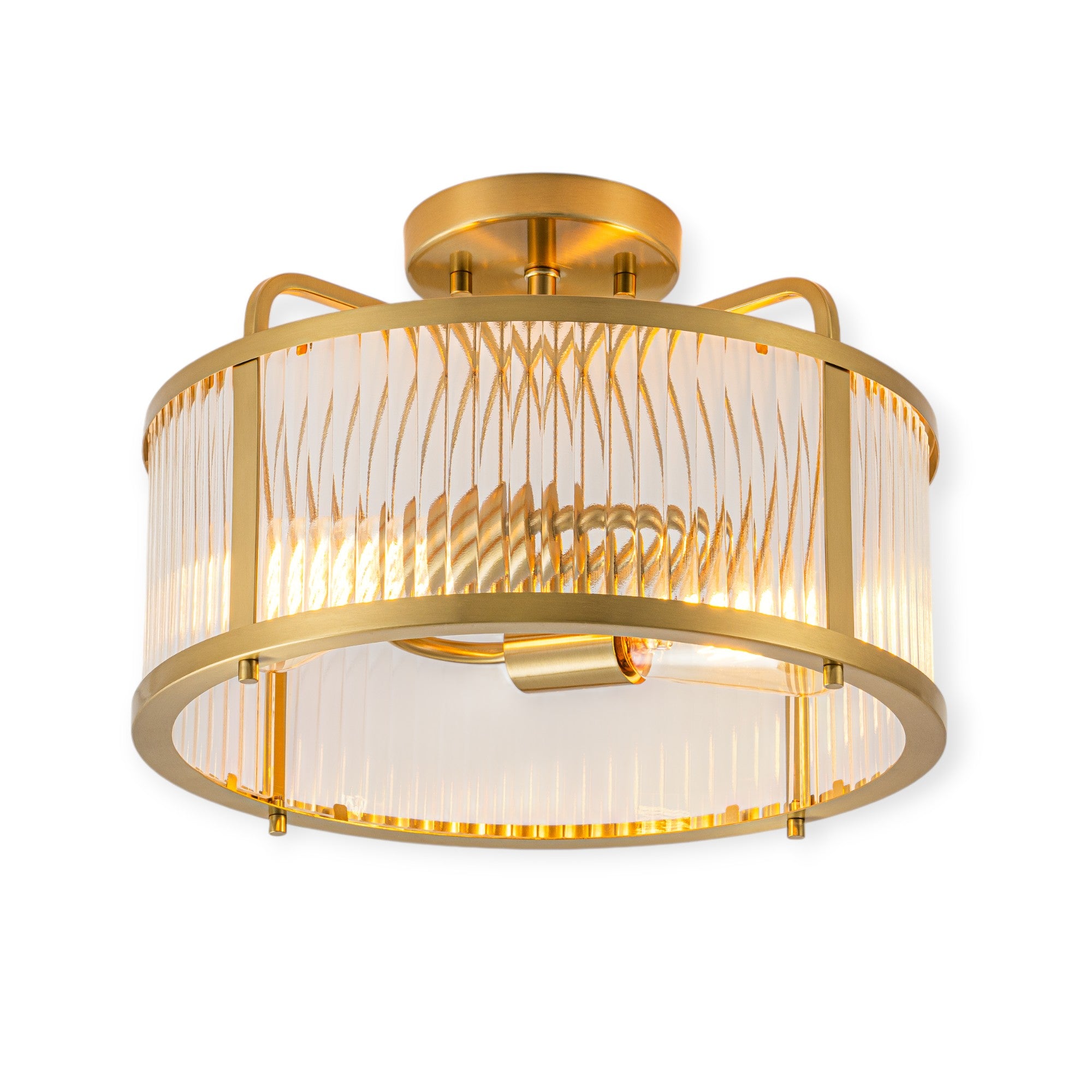 Glowlings 2-Light Modern 13"Wide Brass Round Clear Ribbed Glass Semi-Flush Mount
