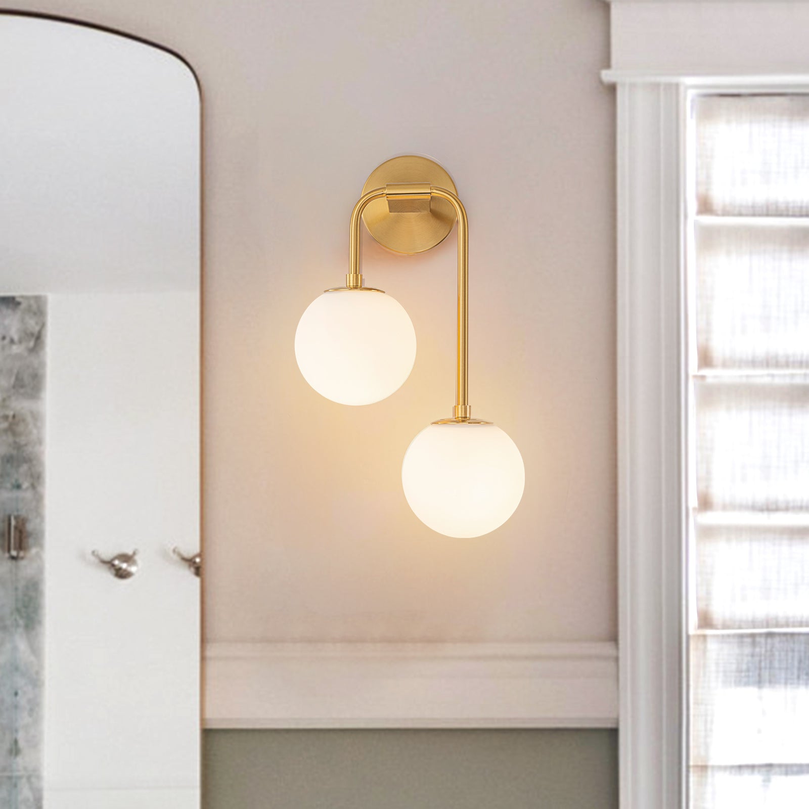 Glowlings 2-Light Modern Brass Wall Sconce, Brushed Gold Globe Vanity Light with Opal Glass Shades