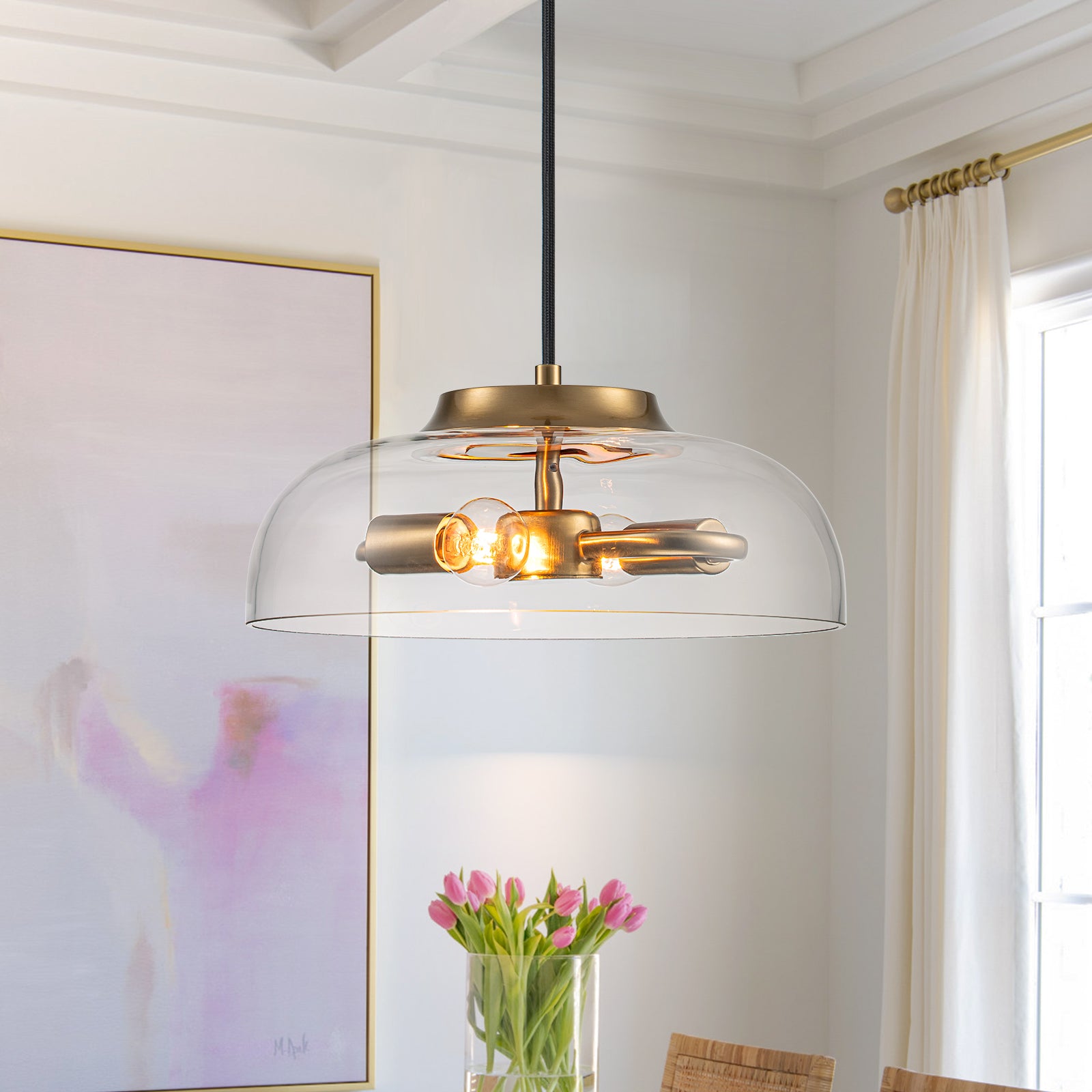 Glowlings 2-flammige, moderne Pendelleuchte mit 27,9 cm breiter Kuppel aus Messing mit klarem Glas, Inselleuchte