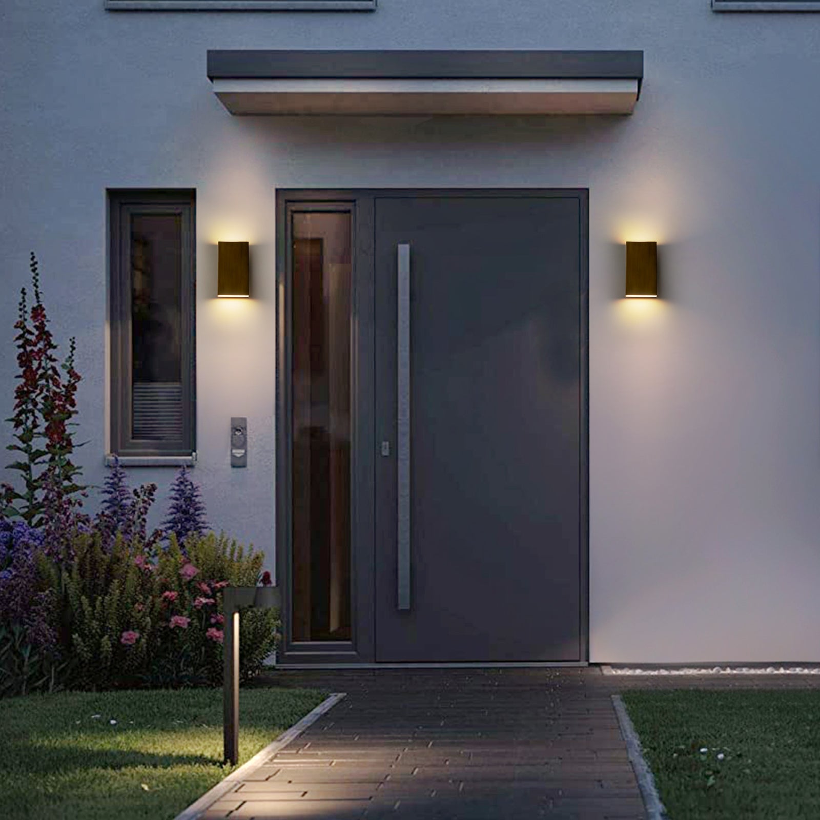 Glowlings 2-flammige, 25,4 cm hohe, moderne, integrierte LED-Außenwandleuchte in Schwarz/gebürstetem Gold