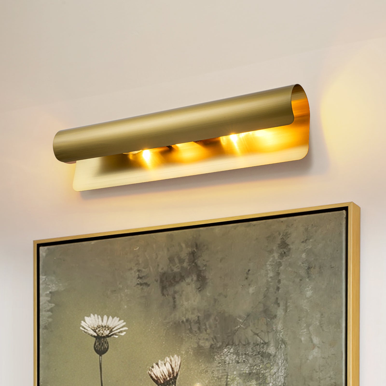 Glowlings 2-Light Modern Brushed Gold Linear Curved Metal Scroll Wall Sconce Picture Mirror Light Fixture