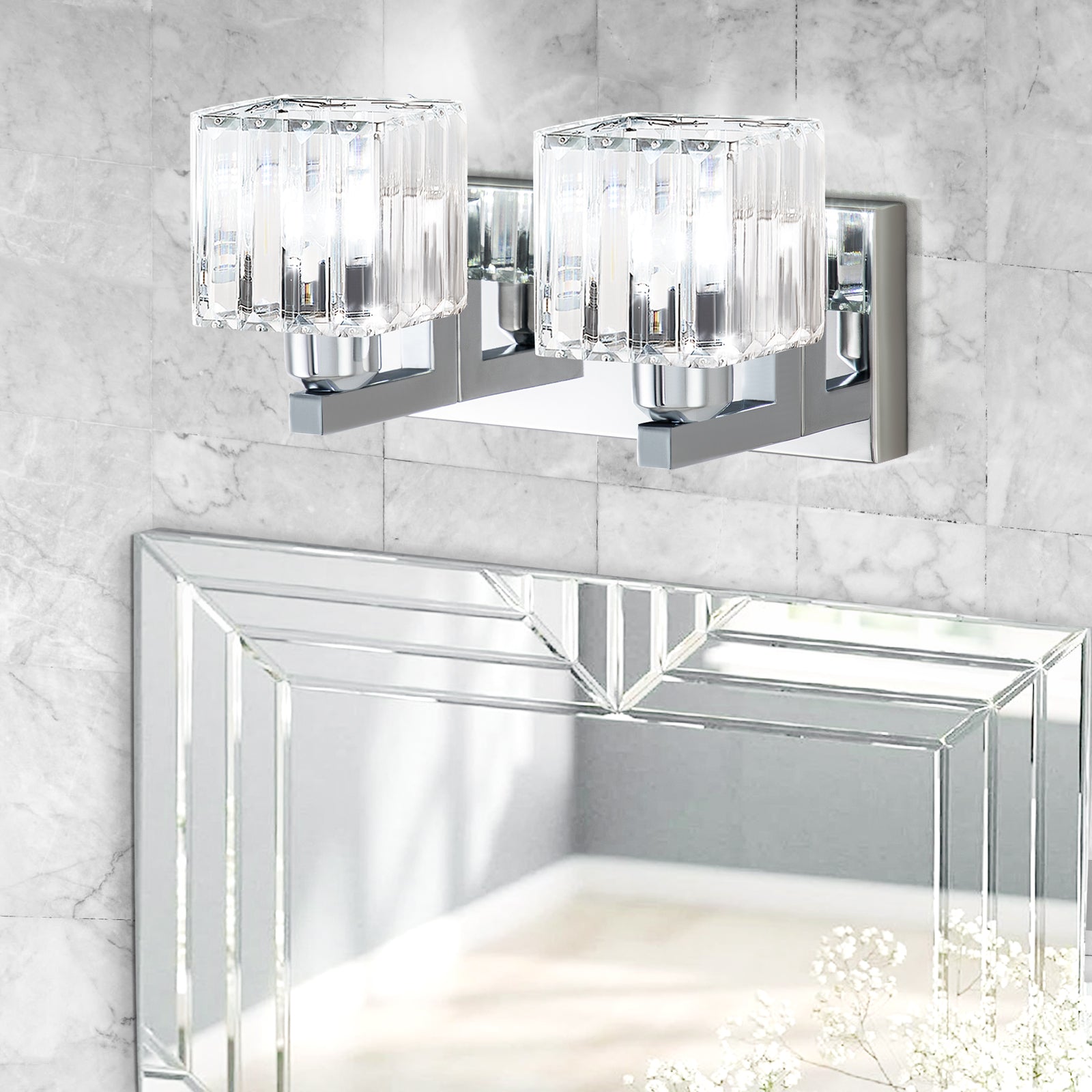 Glowlings Modernes quadratisches Bad-Waschtischlicht mit 2 Lichtern aus Kristallglas für Badezimmer