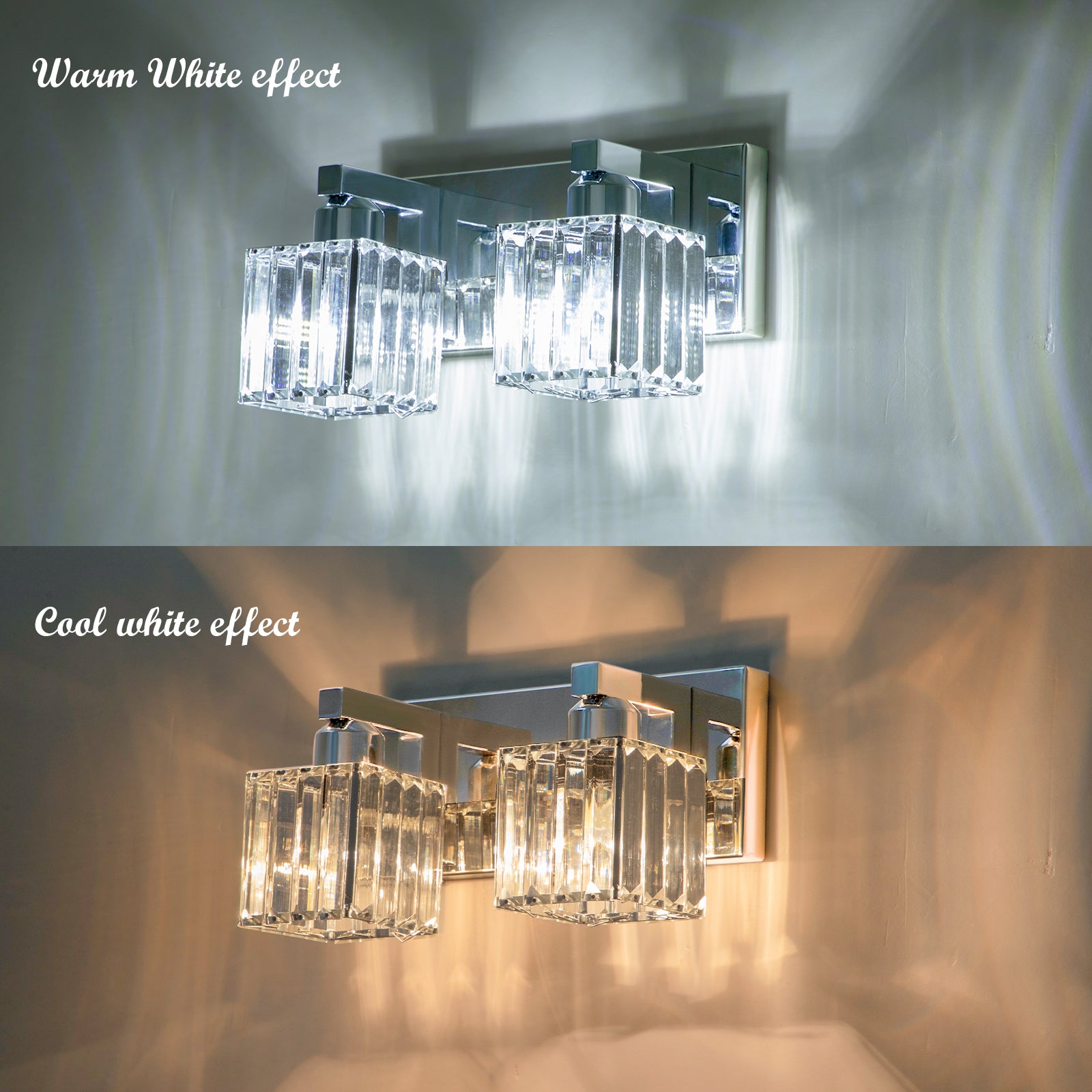Glowlings Modernes quadratisches Bad-Waschtischlicht mit 2 Lichtern aus Kristallglas für Badezimmer