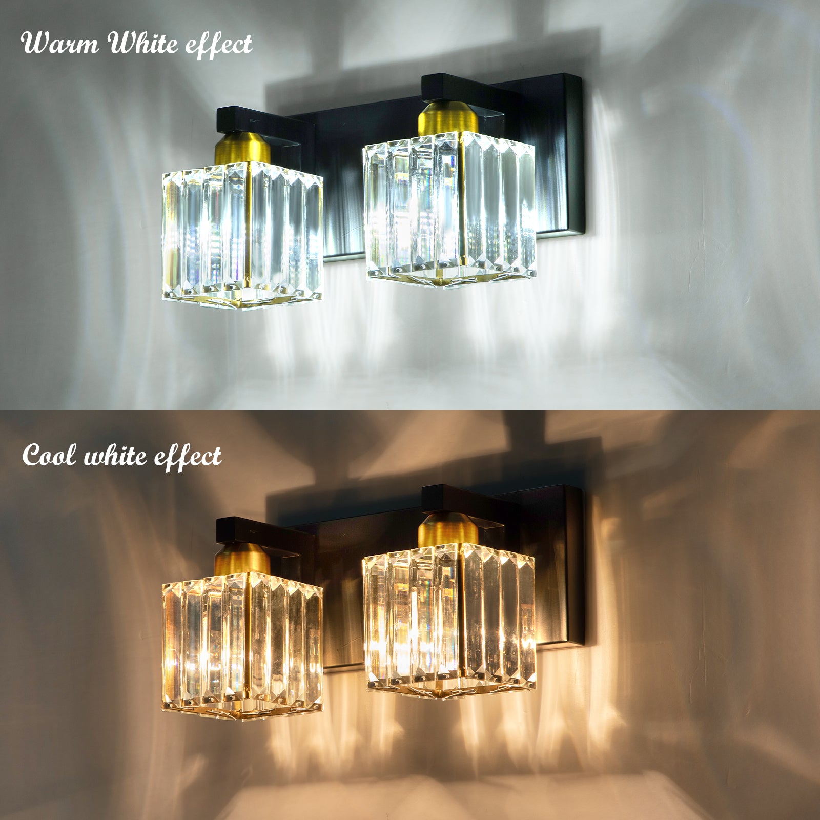 Glowlings Modernes quadratisches Bad-Waschtischlicht mit 2 Lichtern aus Kristallglas für Badezimmer