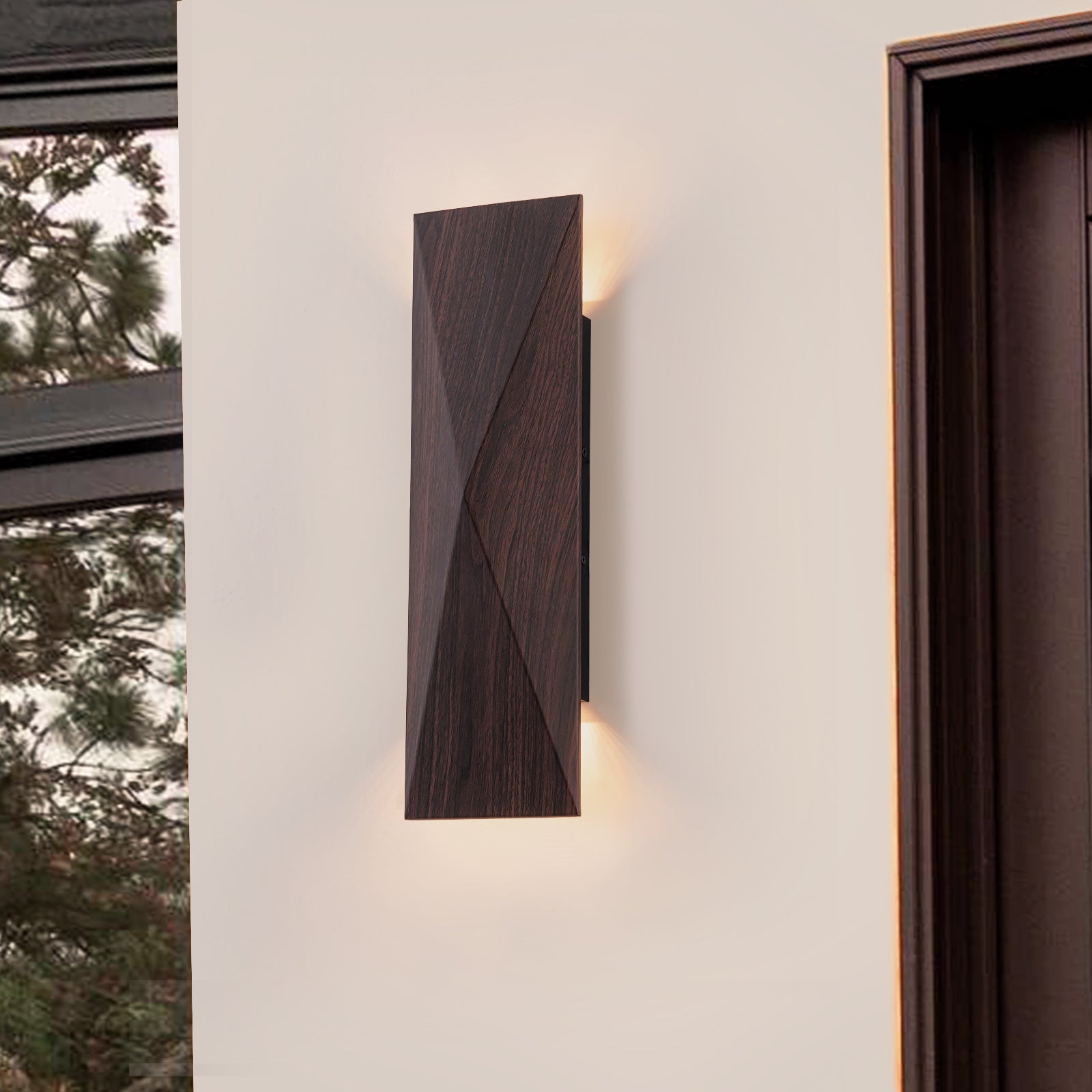Glowlings 2-Light Modern IP54 Waterproof 3000K Dimmable Walnut Wood Finish LED Outdoor Wall Sconce