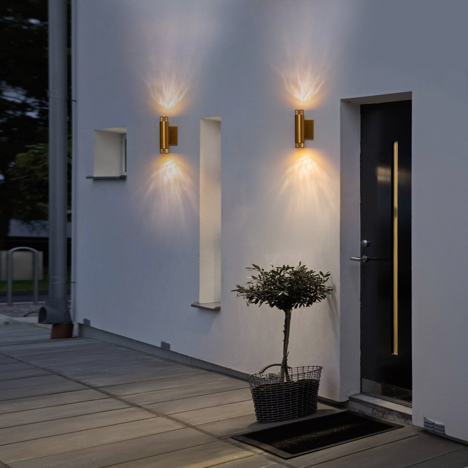 Glowlings 2-Light Modern 9"High Knurled Brass Up & Down Cylinder LED Outdoor Wall Sconce Porch Light