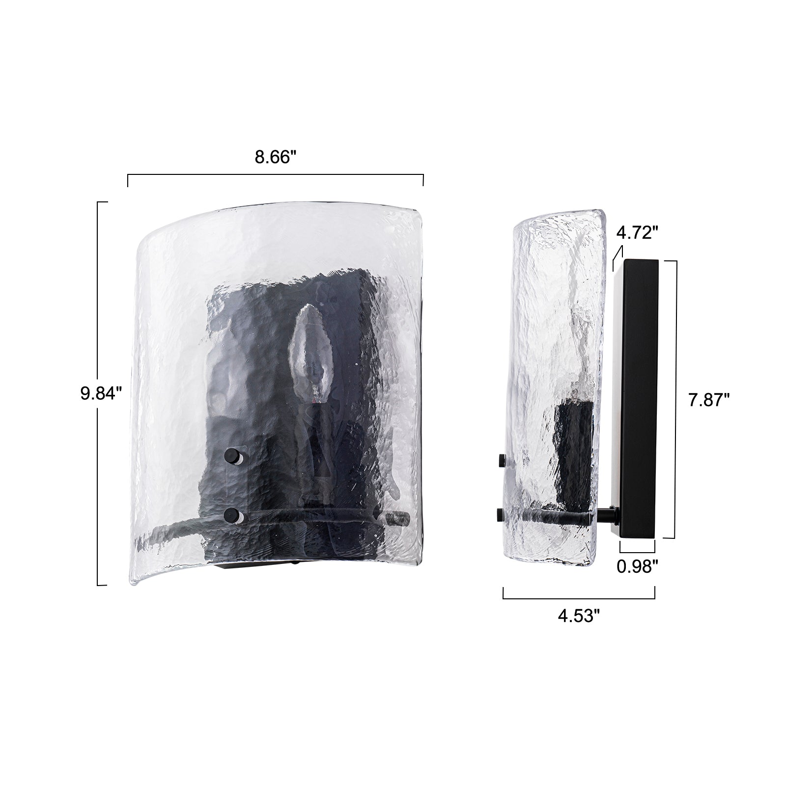Glowlings 2-Light Modern Matte Black Wall Sconce with Hammered Hand-Blown Water Glass Shade