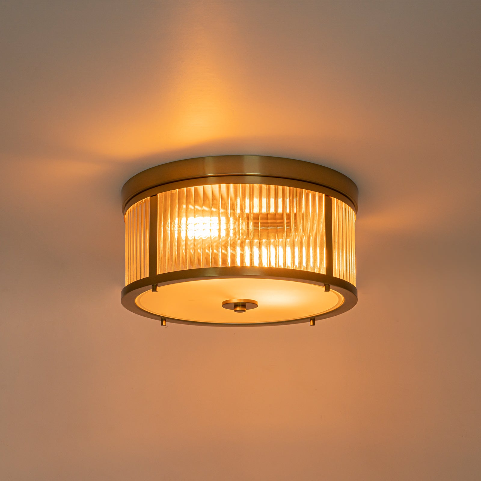 Glowlings 2-Light Modern 14"Wide Natural Brass Ribbed Glass Round Flush Mount Ceiling Light