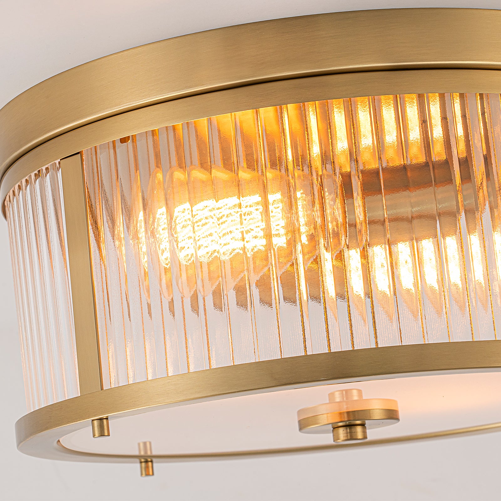 Glowlings 2-Light Modern 14"Wide Natural Brass Ribbed Glass Round Flush Mount Ceiling Light