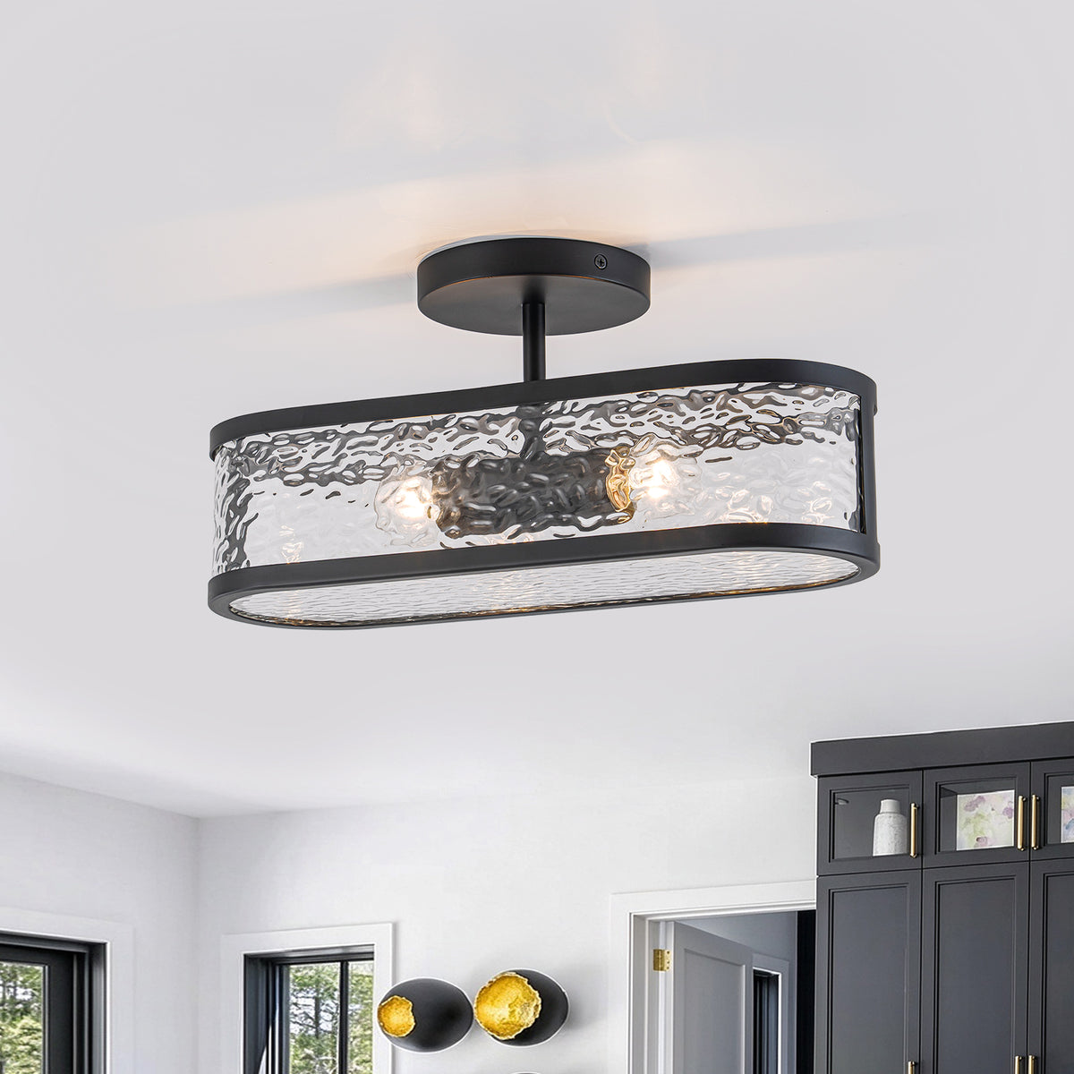 Glowlings 2-Light 15"Wide Modern Black Oval Semi Flush Mount Ceiling Light with Water Ripple Glass