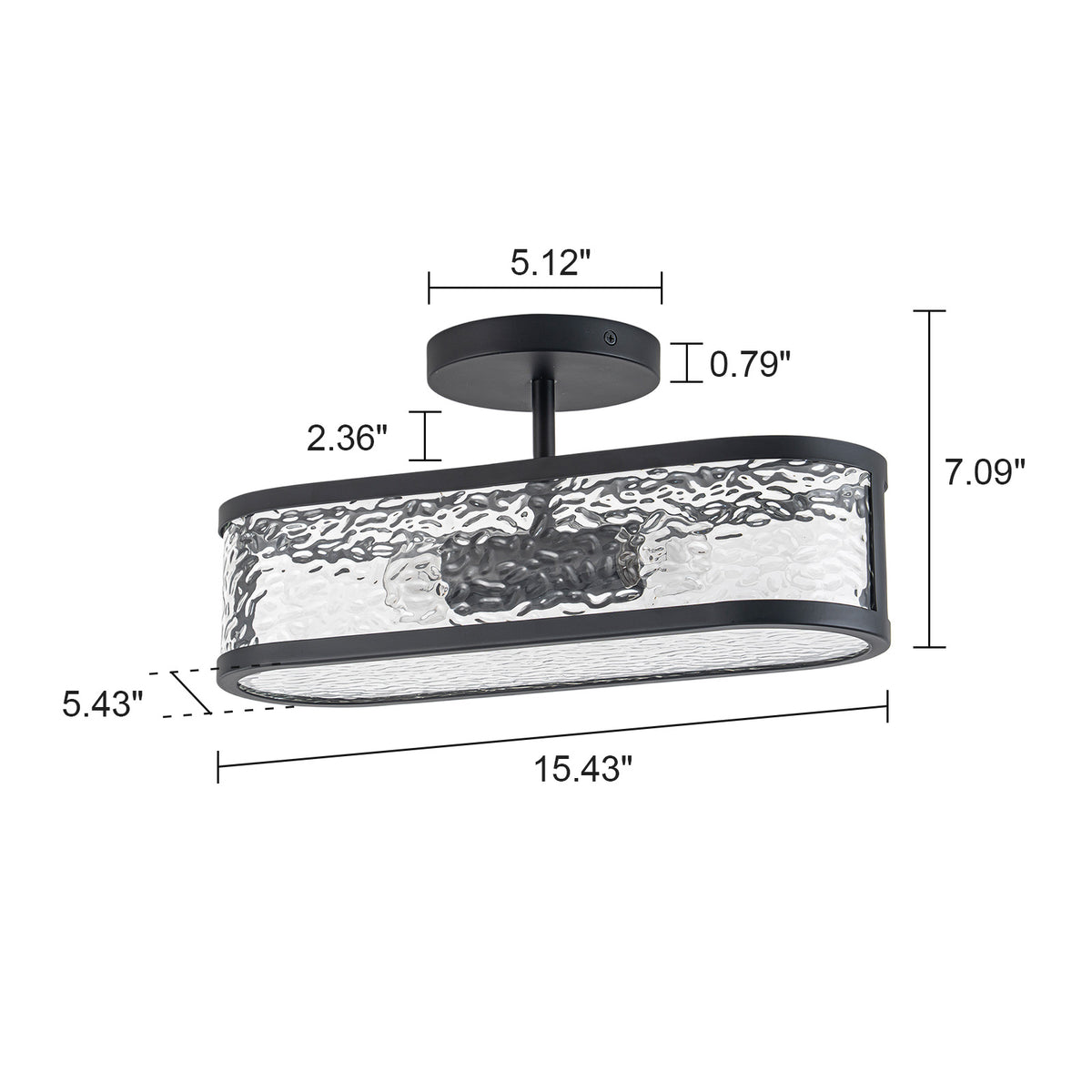 Glowlings 2-Light 15"Wide Modern Black Oval Semi Flush Mount Ceiling Light with Water Ripple Glass