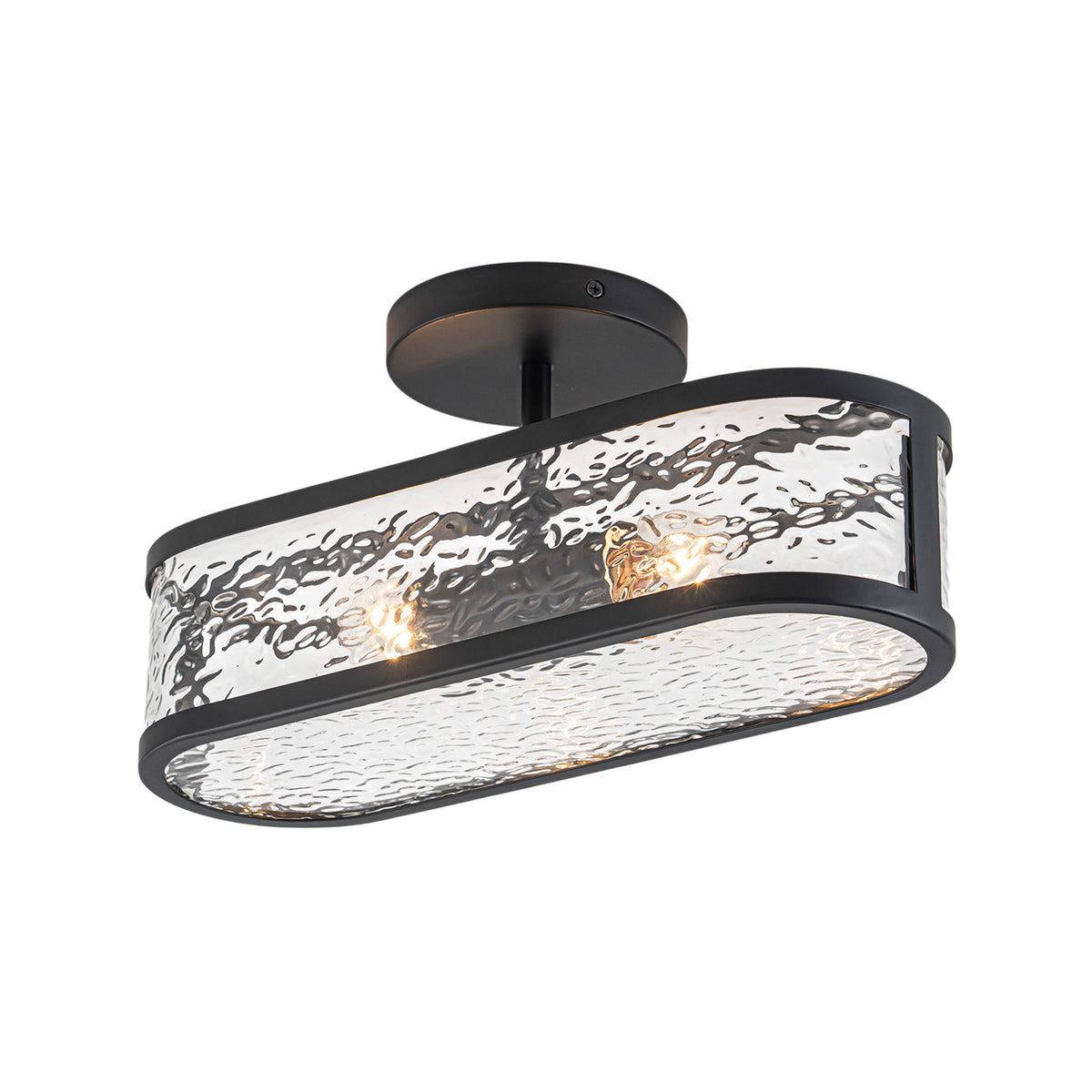 Glowlings 2-Light 15"Wide Modern Black Oval Semi Flush Mount Ceiling Light with Water Ripple Glass