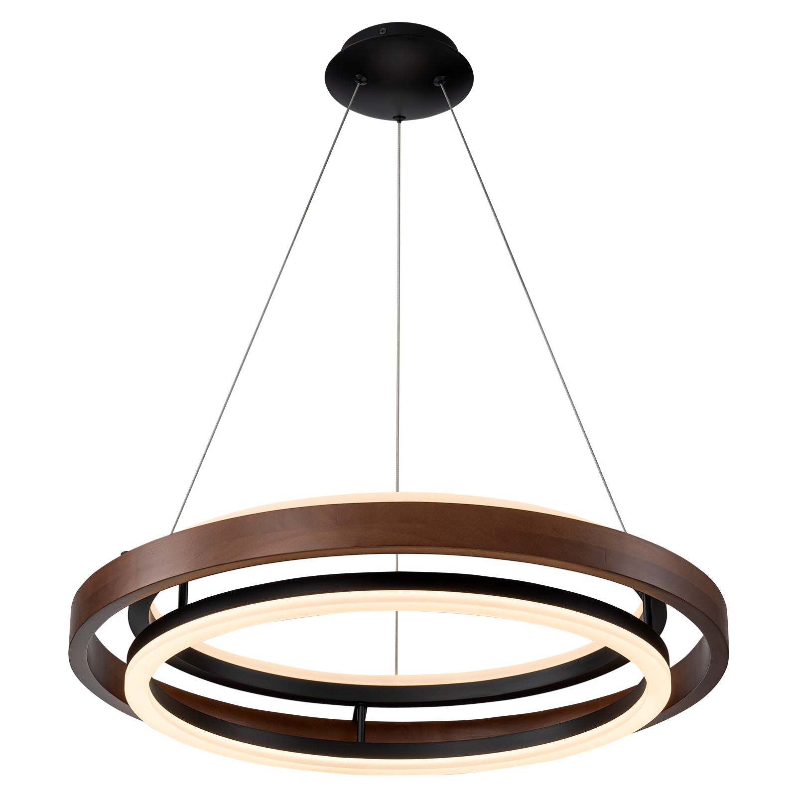 Glowlings 2-flammige, moderne, 61 cm breite, 3-stufige, runde LED-Pendelleuchte aus Walnussholz