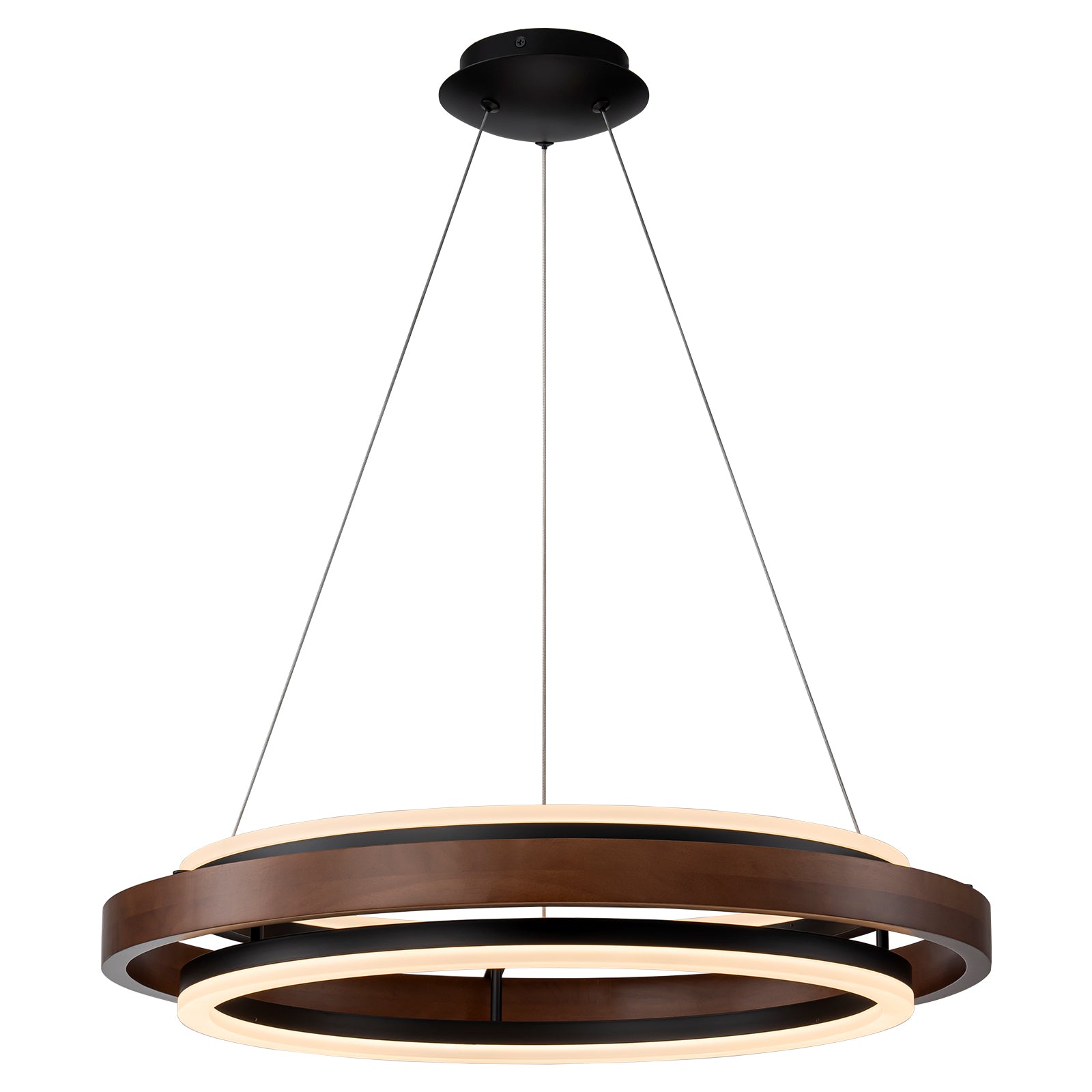 Glowlings 2-flammige, moderne, 61 cm breite, 3-stufige, runde LED-Pendelleuchte aus Walnussholz