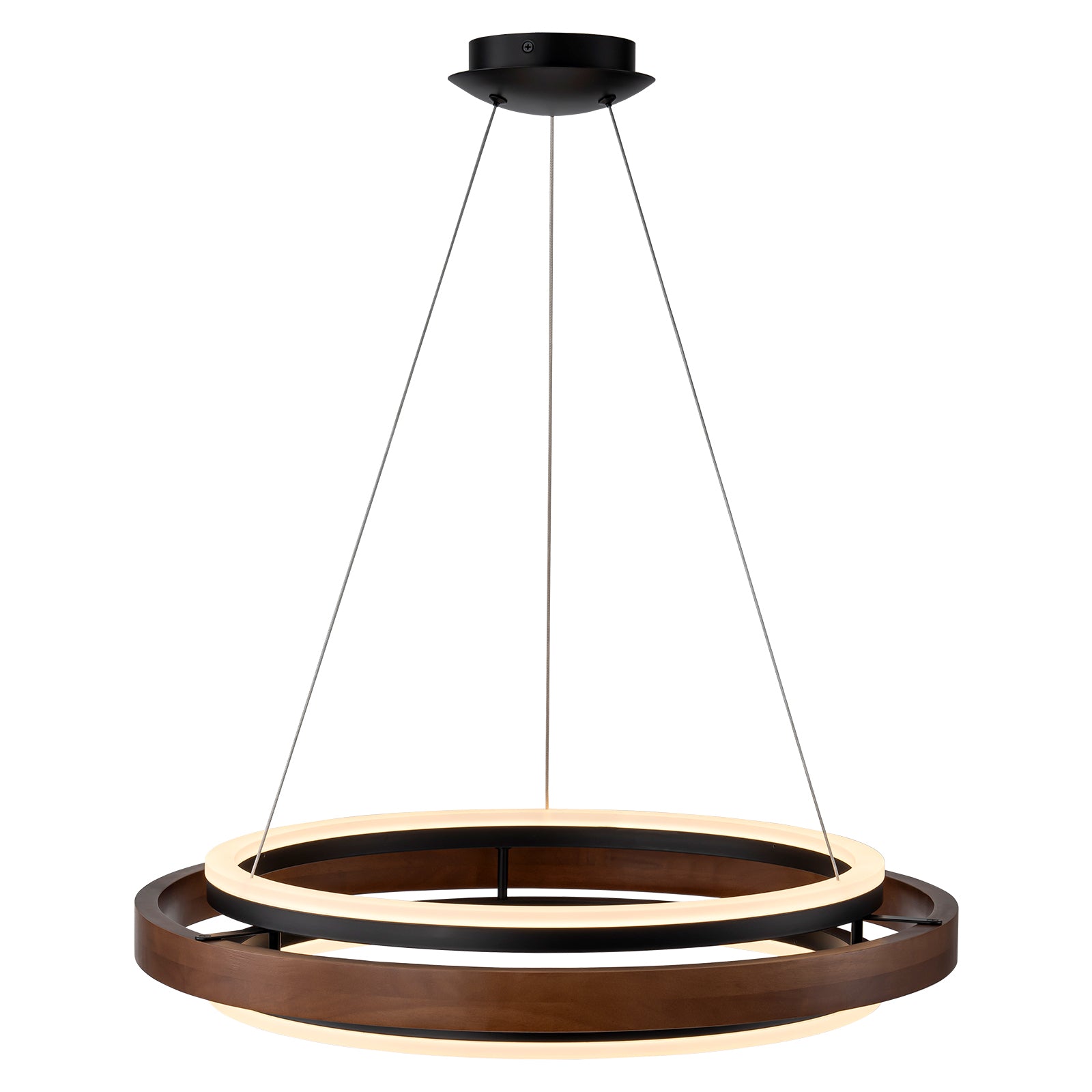 Glowlings 2-flammige, moderne, 61 cm breite, 3-stufige, runde LED-Pendelleuchte aus Walnussholz