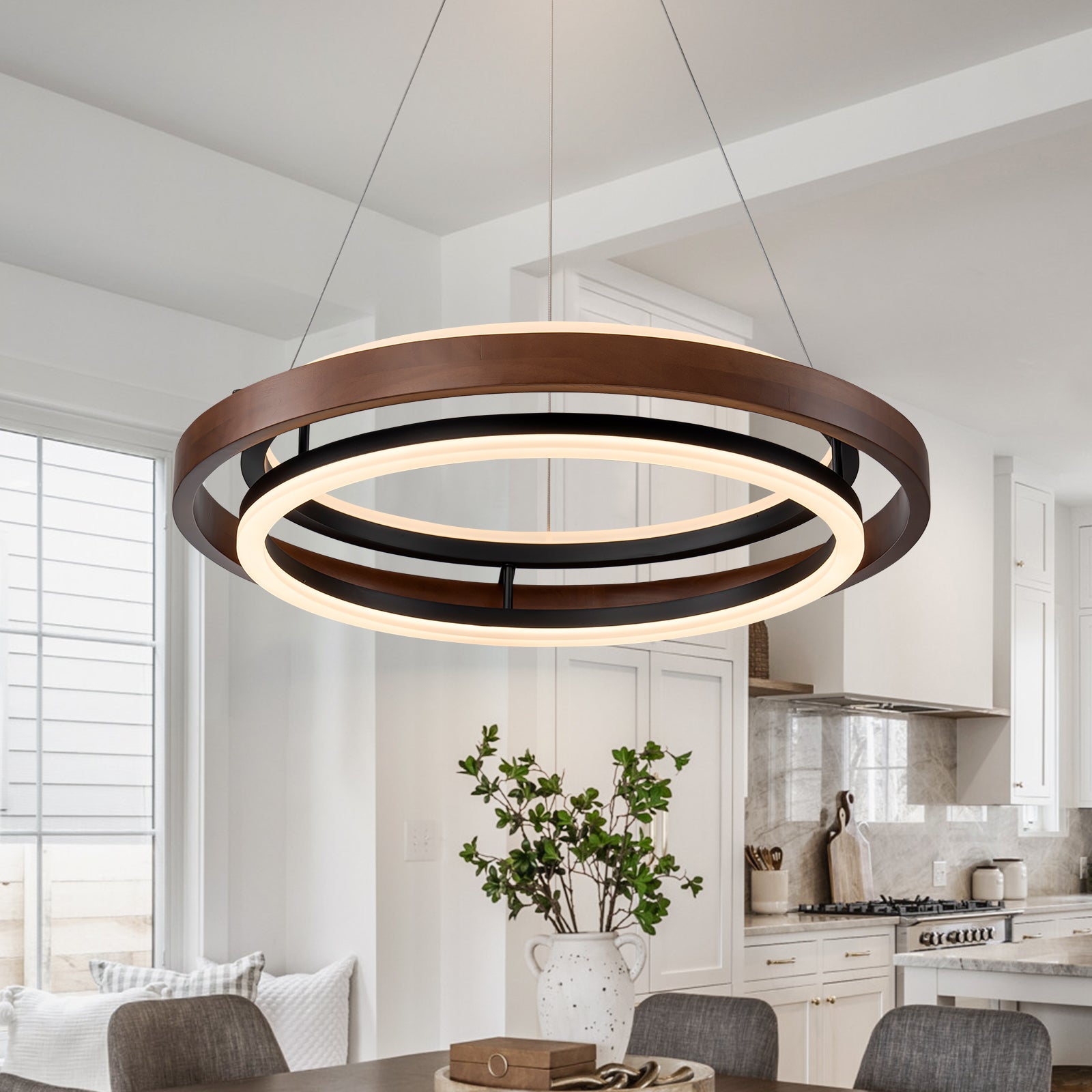 Glowlings 2-flammige, moderne, 61 cm breite, 3-stufige, runde LED-Pendelleuchte aus Walnussholz