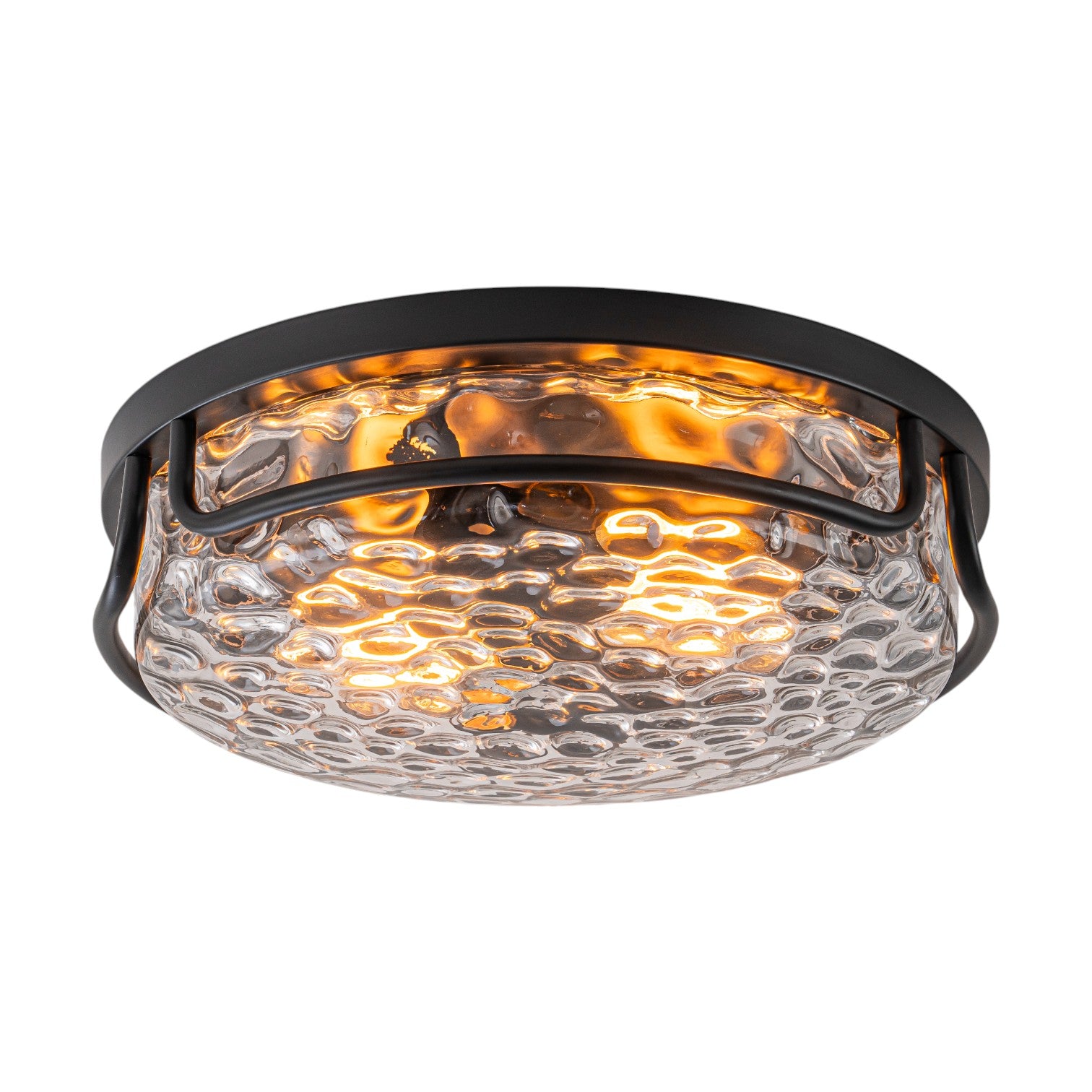 Glowlings 2-Light Modern 13"Wide Round Black Hammered Clear Glass Flush Mount Ceiling Light