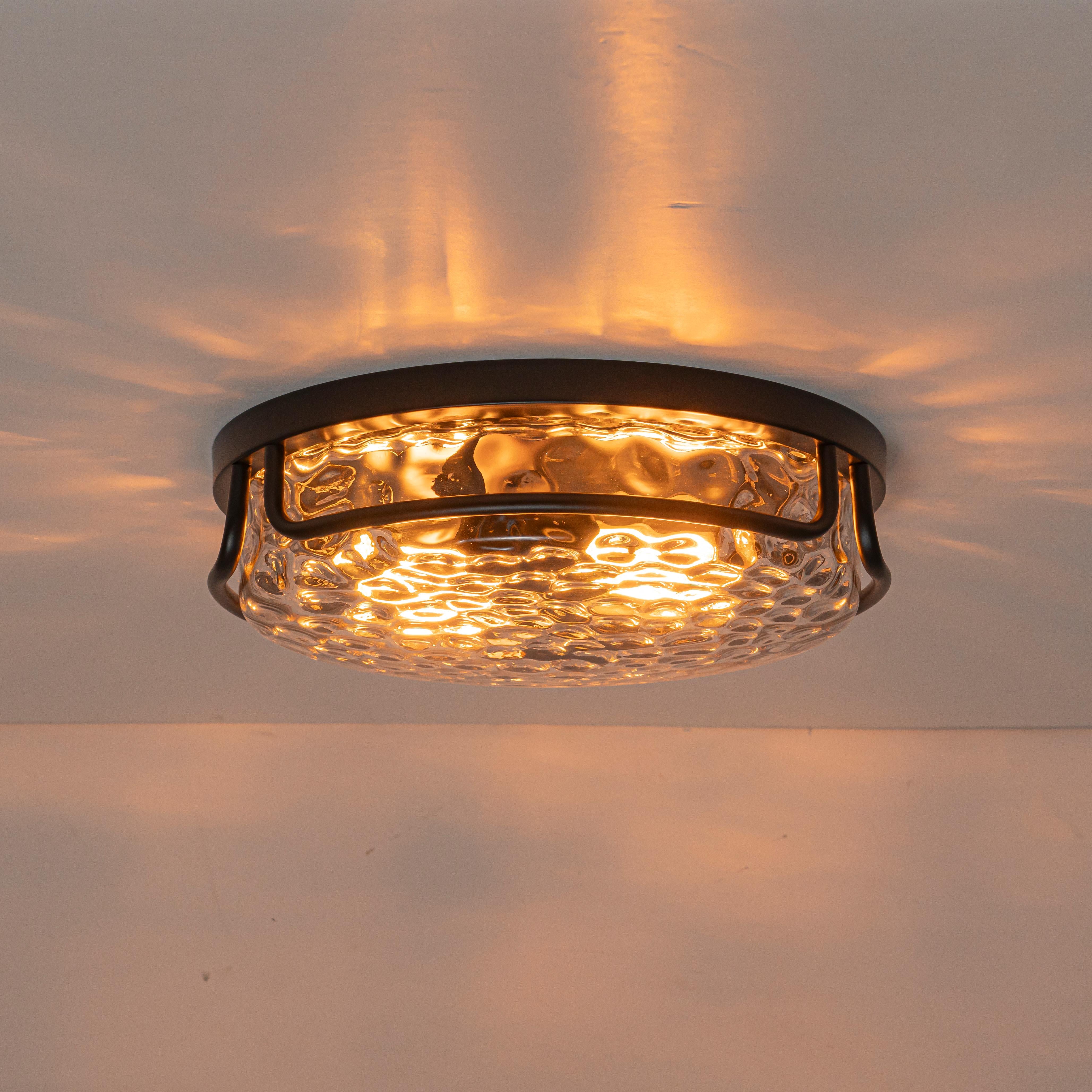 Glowlings 2-Light Modern 13"Wide Round Black Hammered Clear Glass Flush Mount Ceiling Light