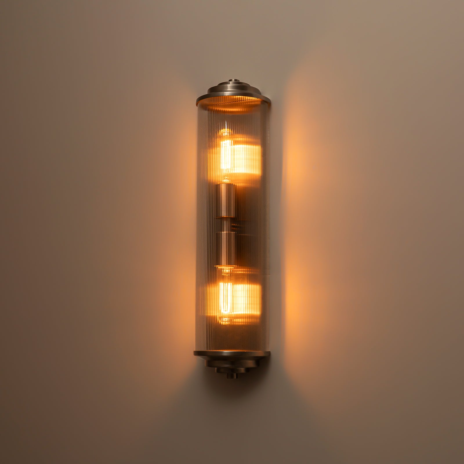 Glowlings 2-Light Modern 21"High Satin Nickel Clear Fluted Ribbed Glass Cylinder Wall Sconce