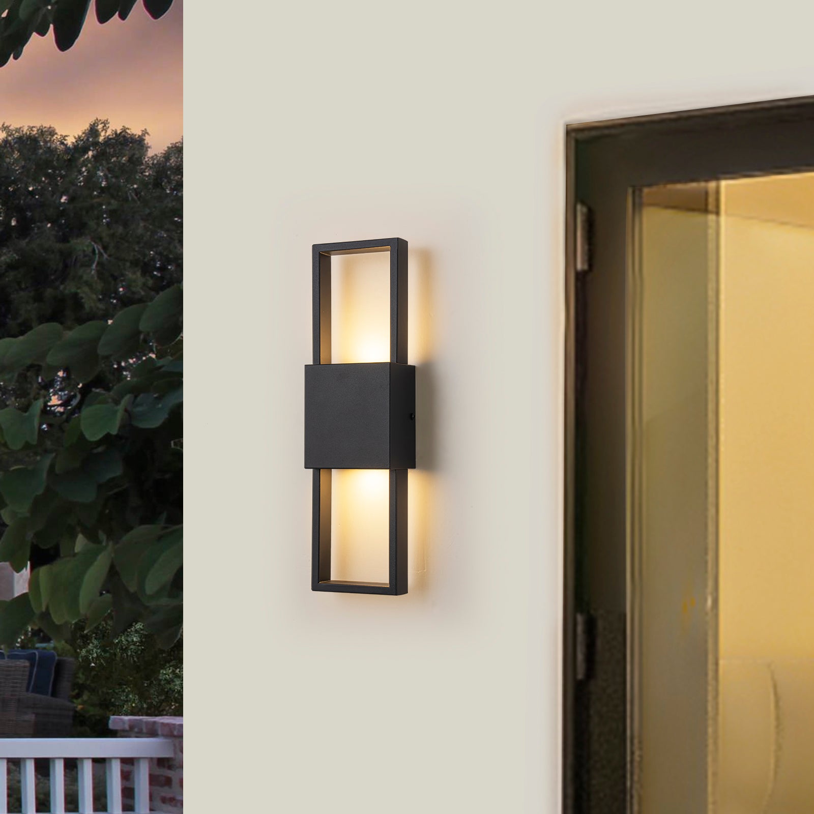 Glowlings 2-flammige, moderne, 40,6 cm hohe, rechteckige, mattschwarze LED-Wandleuchte für den Außenbereich, IP54