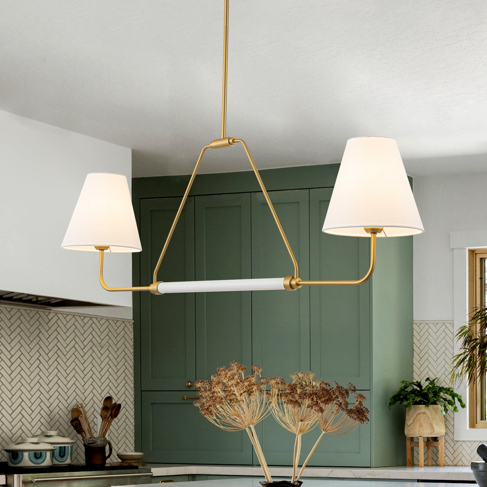 Glowlings 2-Light Traditional 48"Wide Large Aged Brass Cone White Fabric Linear Pendant Light