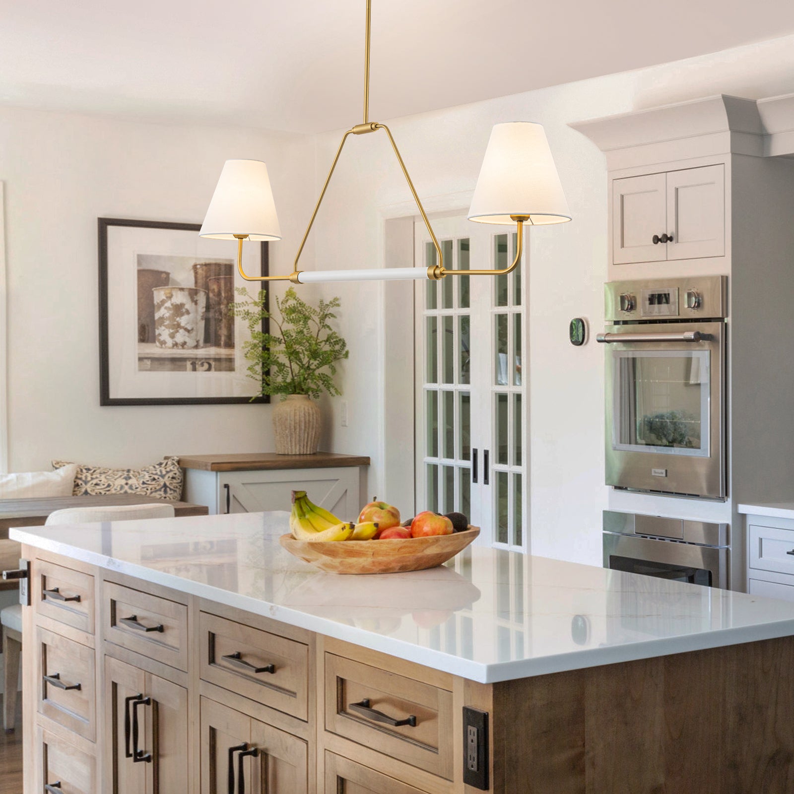 Glowlings 2-Light Traditional 48"Wide Large Aged Brass Cone White Fabric Linear Pendant Light