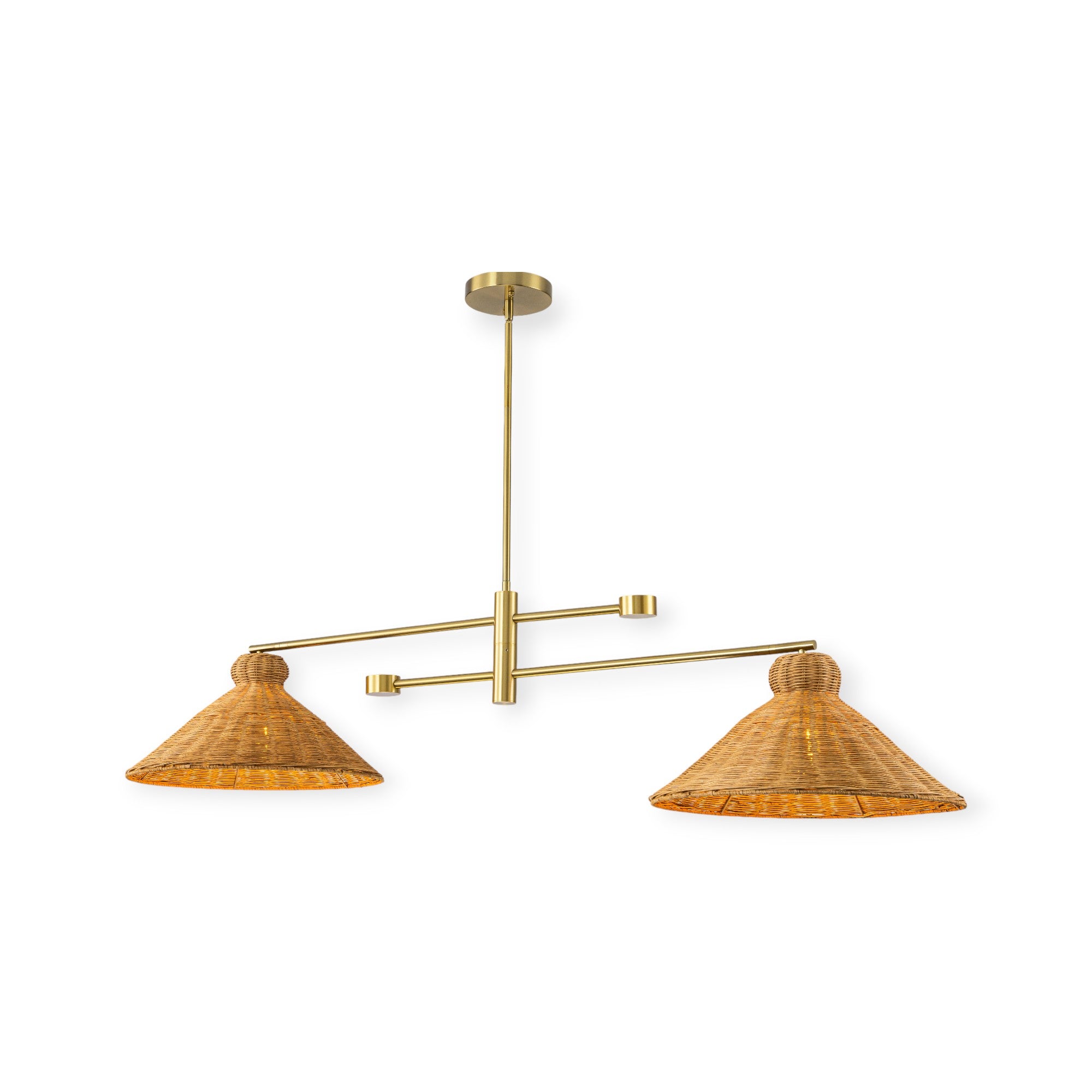 Glowlings 2-Light Vintage 59"Wide Large Gold Hand-Woven Natural Rattan Cone Linear Pendant Light