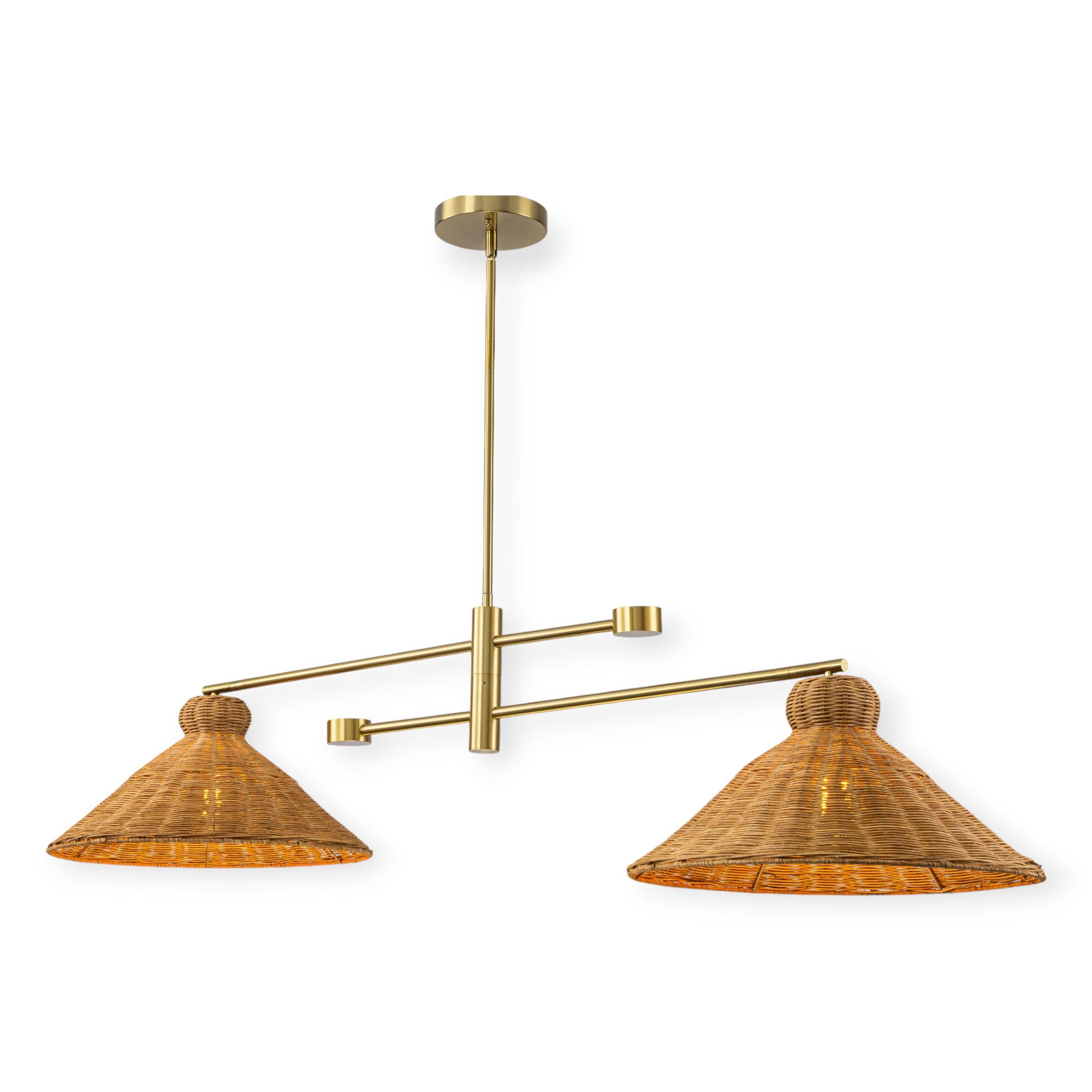 Glowlings 2-Light Vintage 59"Wide Large Gold Hand-Woven Natural Rattan Cone Linear Pendant Light