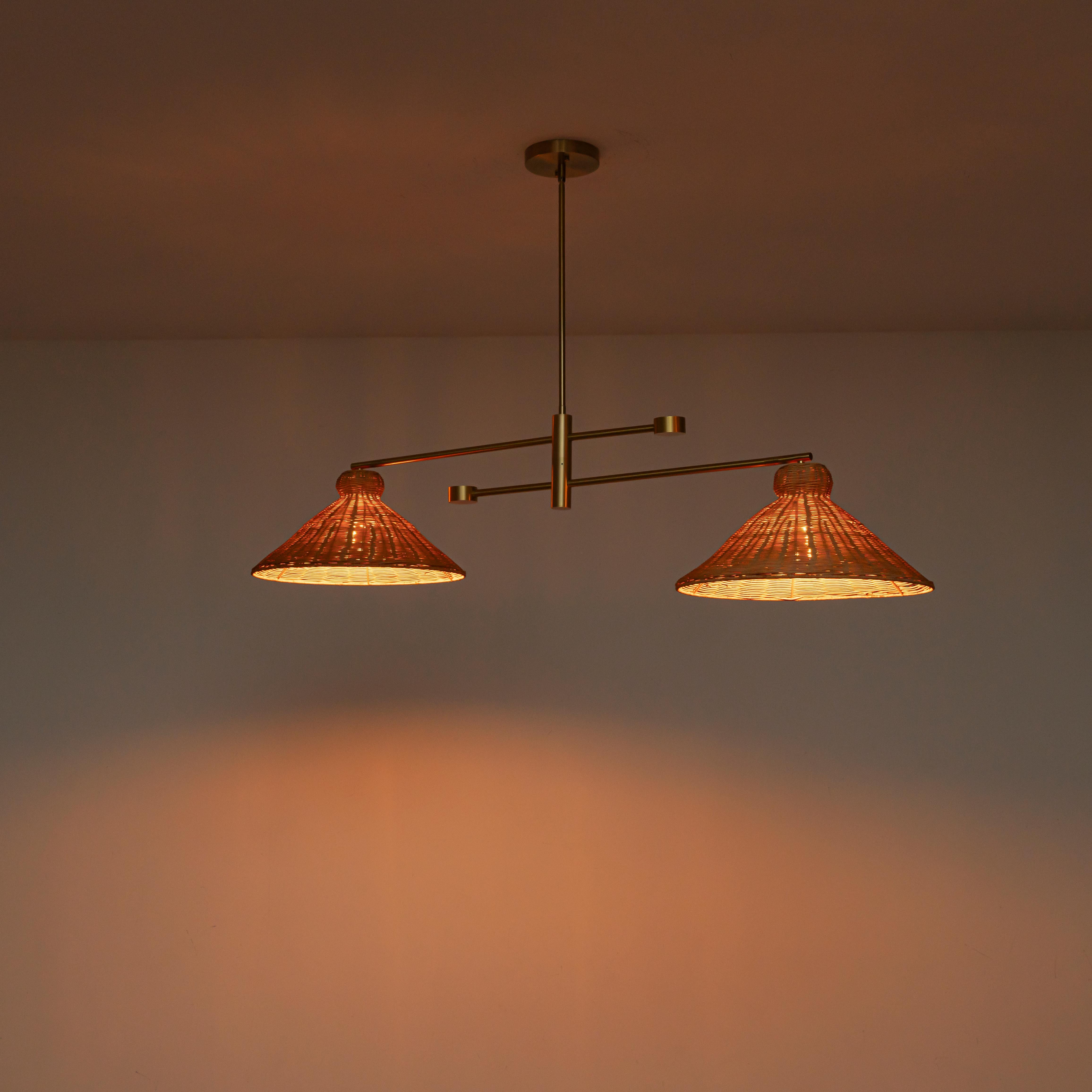 Glowlings 2-Light Vintage 59"Wide Large Gold Hand-Woven Natural Rattan Cone Linear Pendant Light