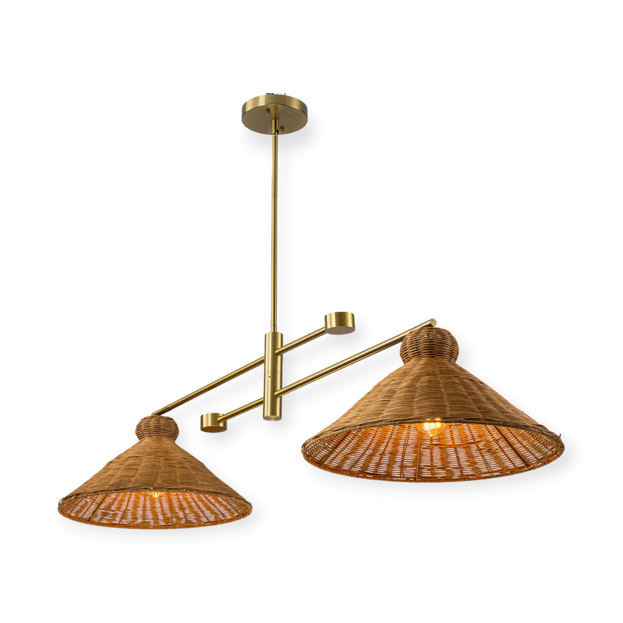 Glowlings 2-Light Vintage 59"Wide Large Gold Hand-Woven Natural Rattan Cone Linear Pendant Light