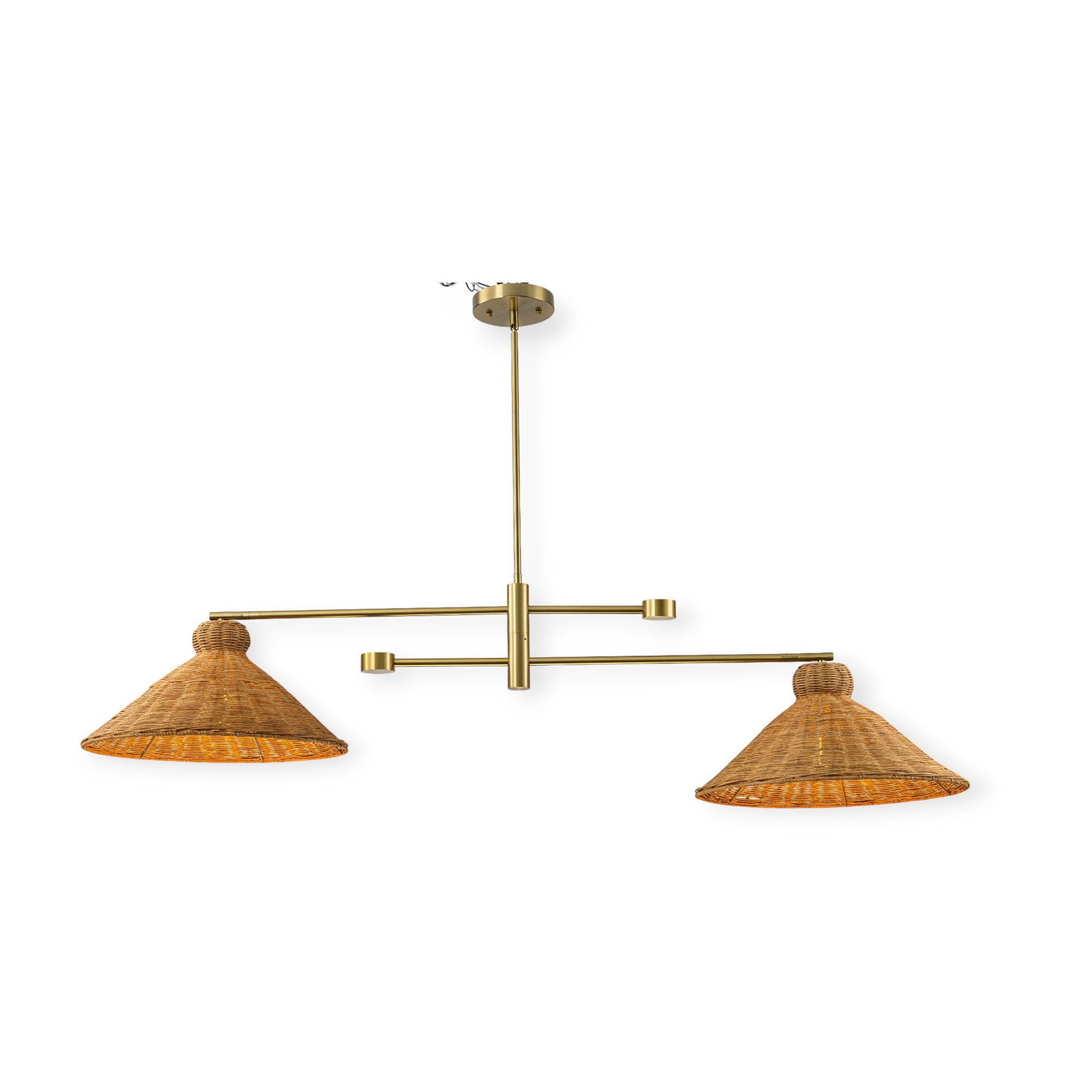 Glowlings 2-Light Vintage 59"Wide Large Gold Hand-Woven Natural Rattan Cone Linear Pendant Light