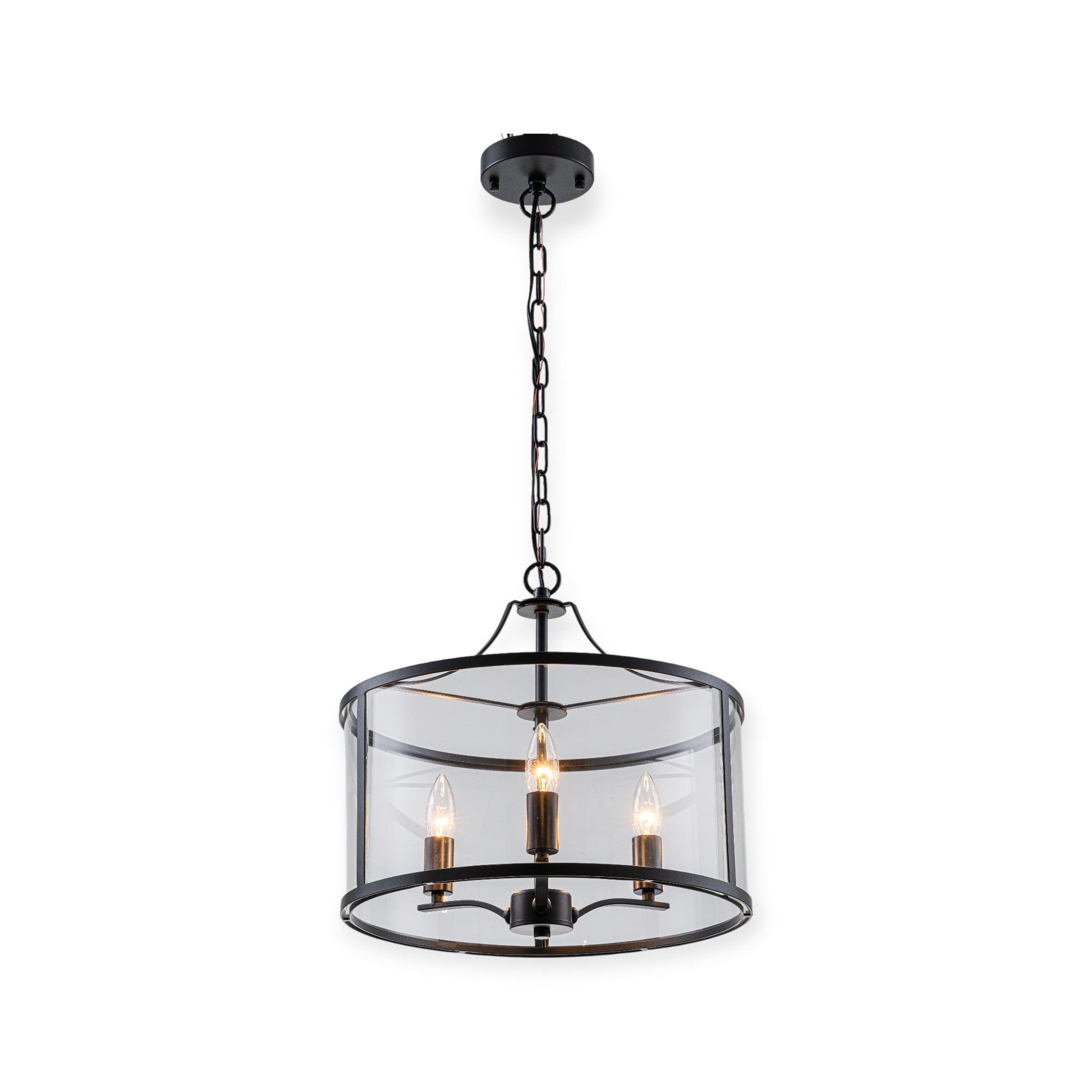 Glowlings 3-Lght Modern 16"Wide Black Round Drum Clear Glass Chandelier