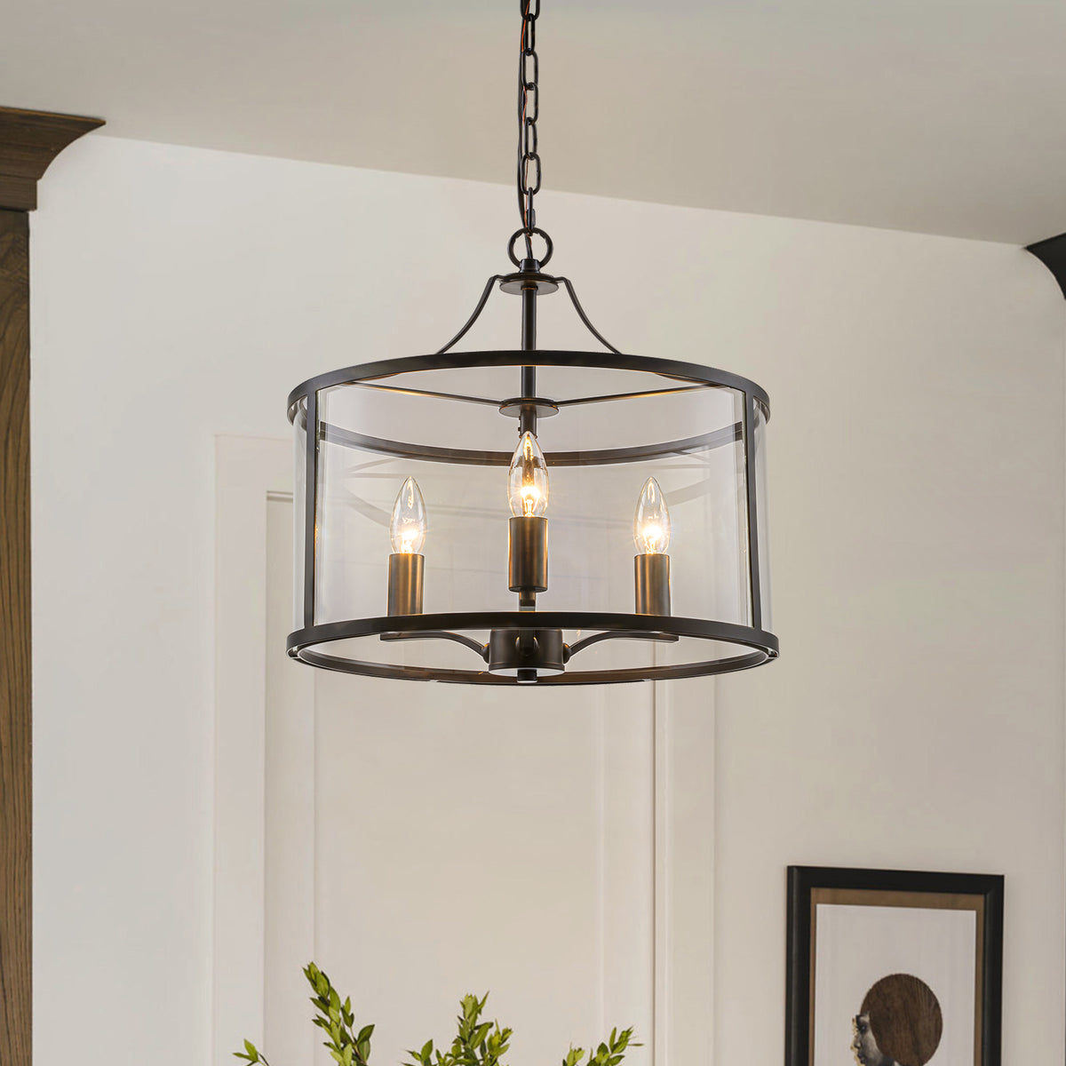 Glowlings 3-Lght Modern 16"Wide Black Round Drum Clear Glass Chandelier