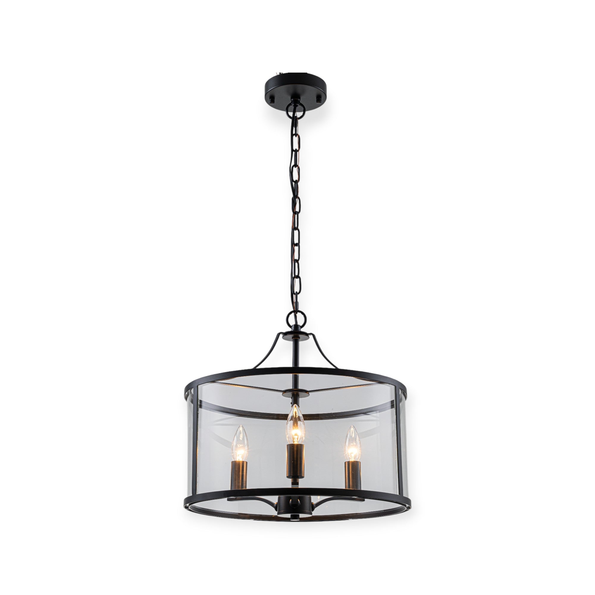 Glowlings 3-Lght Modern 16"Wide Black Round Drum Clear Glass Chandelier