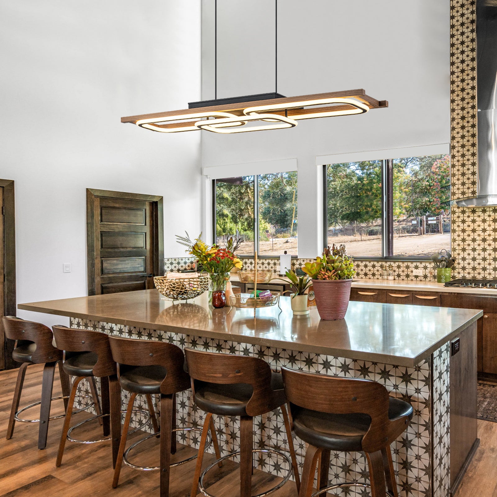 Glowlings 3-Light 43“Wide 2-Tier Rounded Rectangular LED Linear Wood Pendant Light