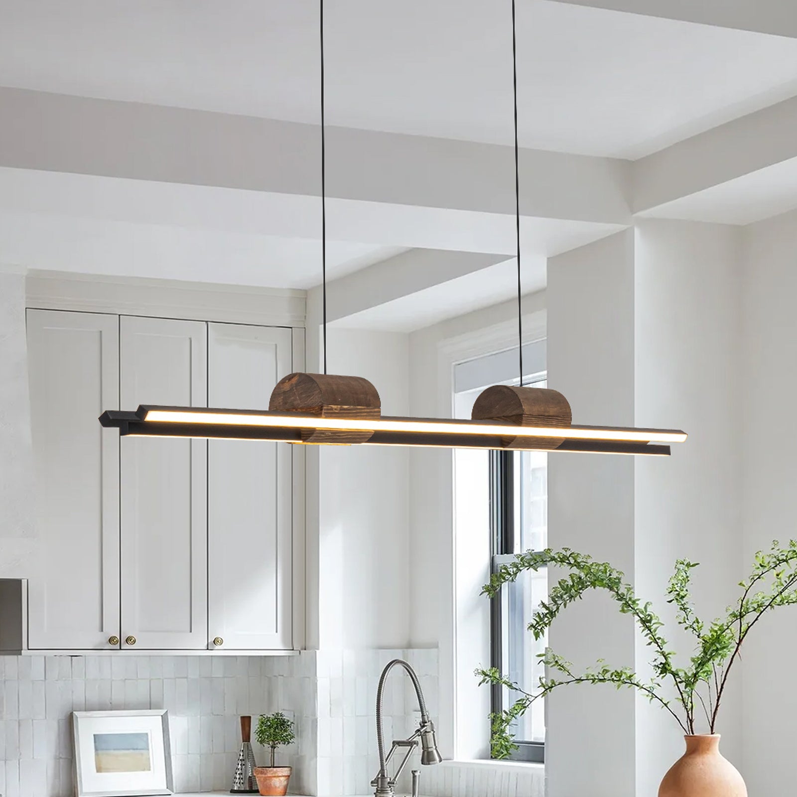 Glowlings Minimalistische 3-flammige 43" breite LED-Linear-Holz-Pendelleuchte Inselleuchte