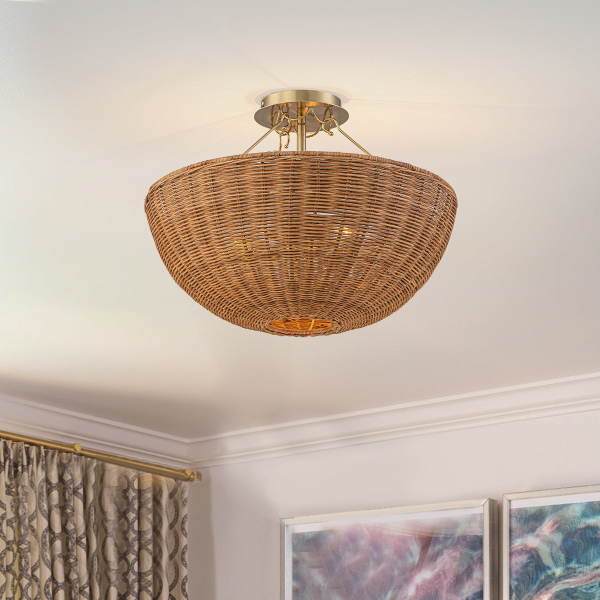 Glowlings 3-Light Boho Brass Rattan Semi Flush Mount Ceiling Light Handwoven Wicker Bowl Light Fixture