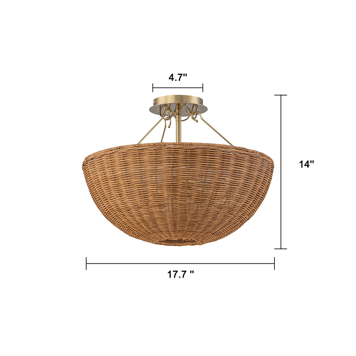 Glowlings 3-Light Boho Brass Rattan Semi Flush Mount Ceiling Light Handwoven Wicker Bowl Light Fixture